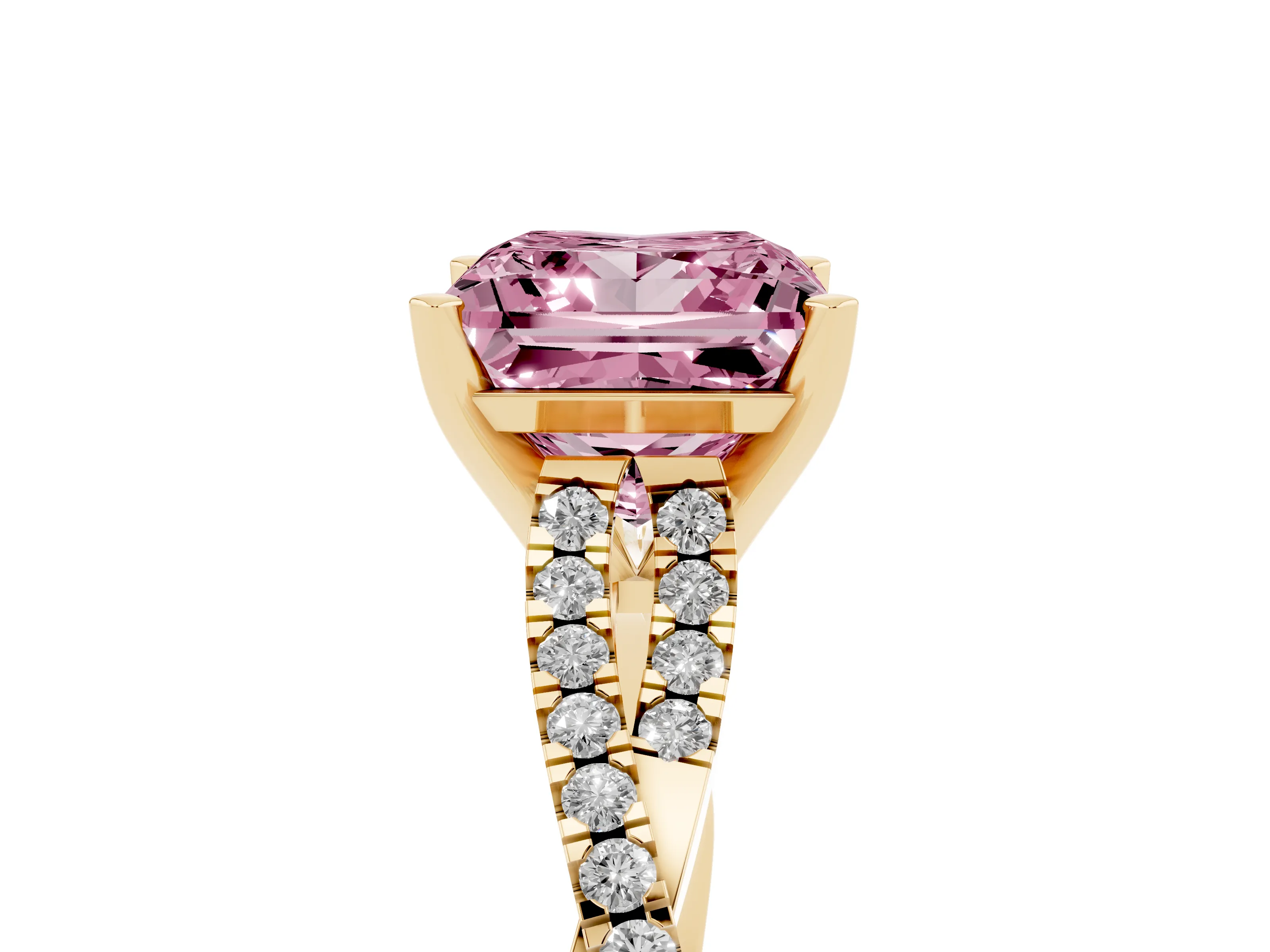 Fancy Pink Princess Cut Diamond Solitaire Engagement Ring Set in Yellow gold with Twisted Pavé Band and Prong Setting