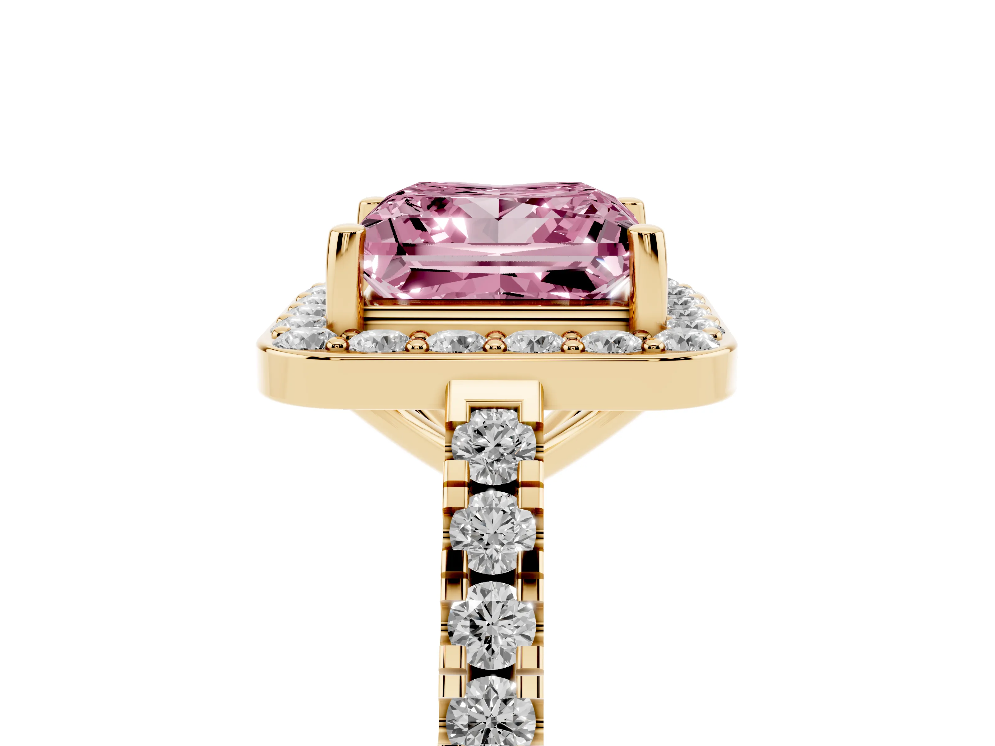 Fancy Pink Princess Cut Diamond Halo Ring Set in Yellow gold with Round Pavé Split Shank and Prong Setting
