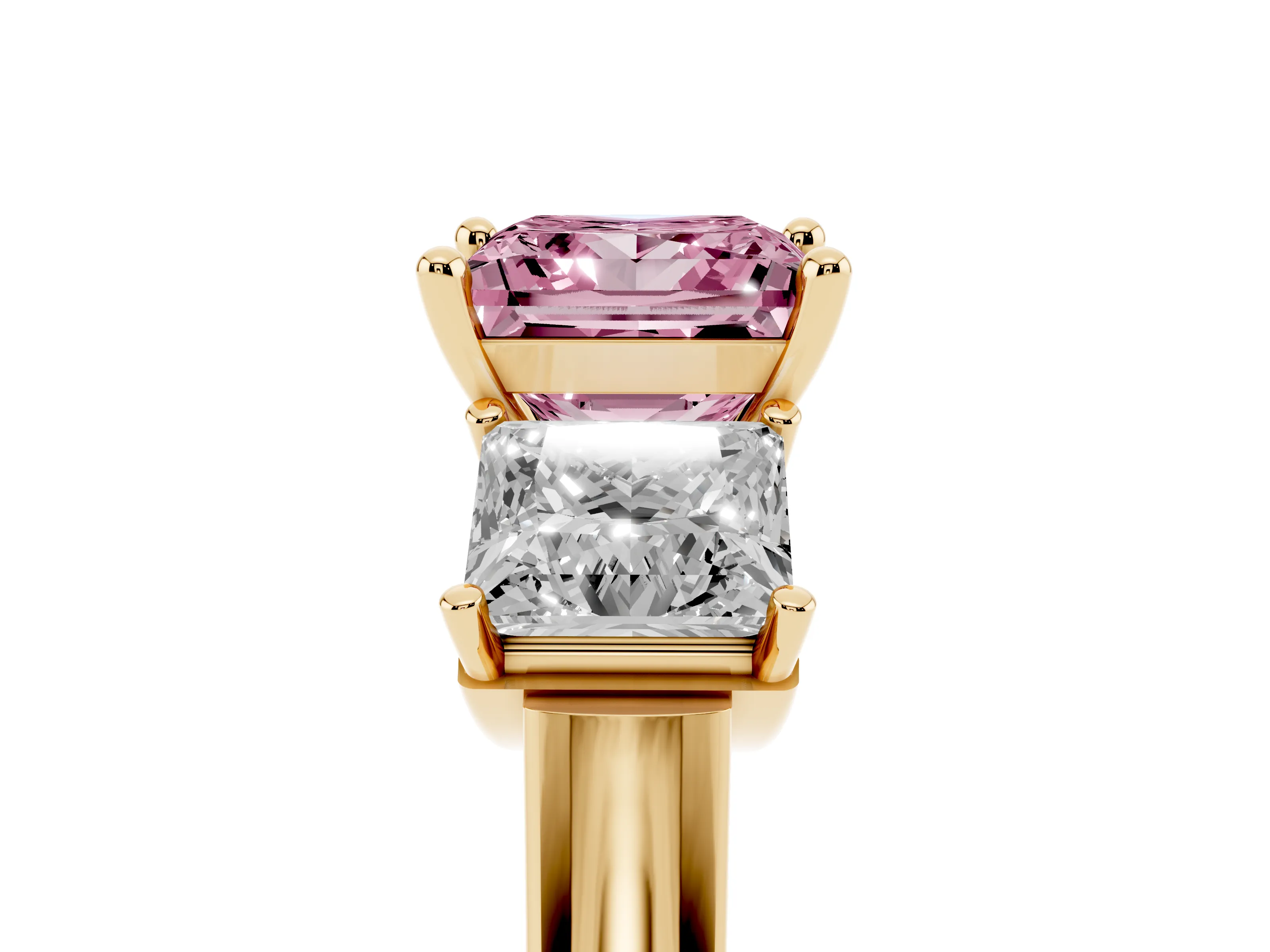 Fancy Pink Princess Cut Diamond Three-Stone Trellis Ring Set in Yellow gold with Comfort Fit Band