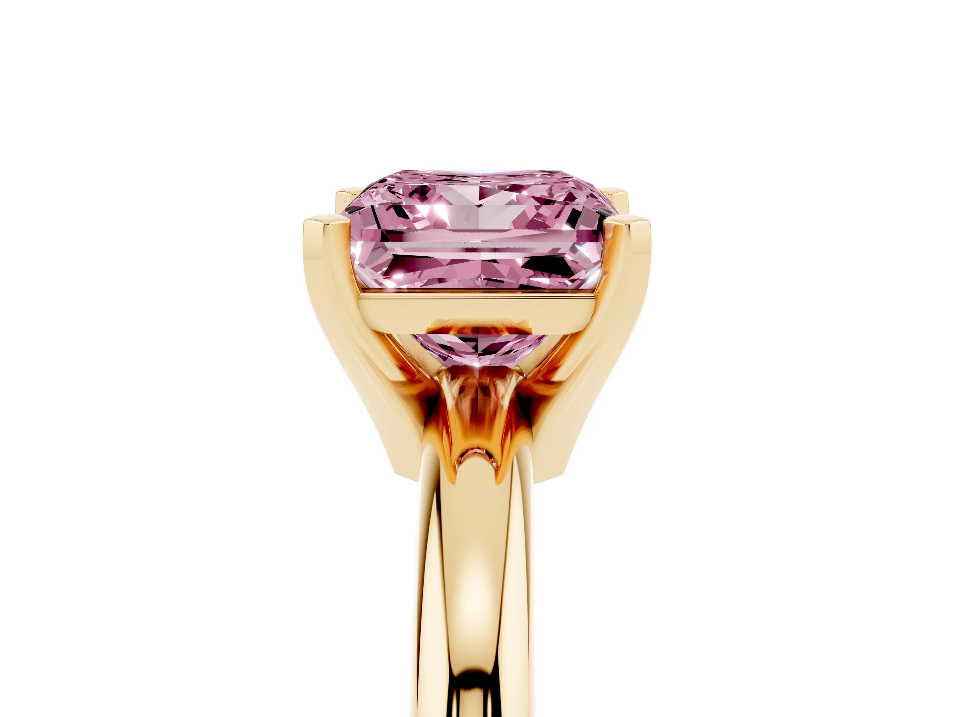 Fancy Pink Princess Cut Diamond Solitaire Engagement Ring Set in Yellow gold with Round Band and Prong Setting