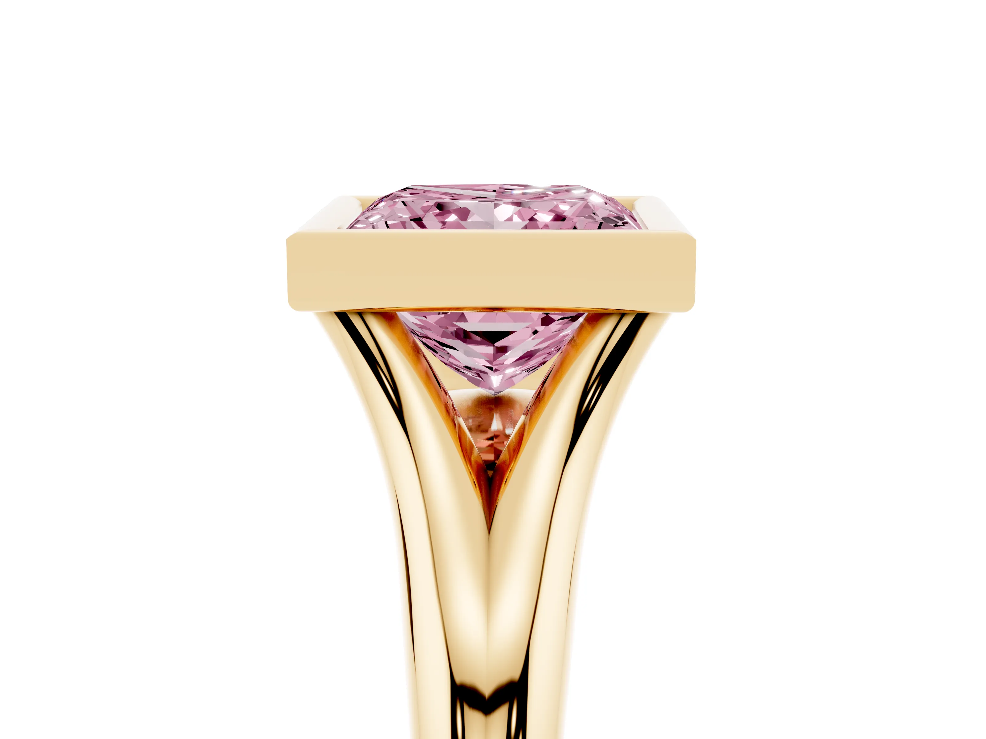 Fancy Pink Bezel Set Princess Cut Diamond Solitaire Ring Set in Yellow gold with Smooth Band