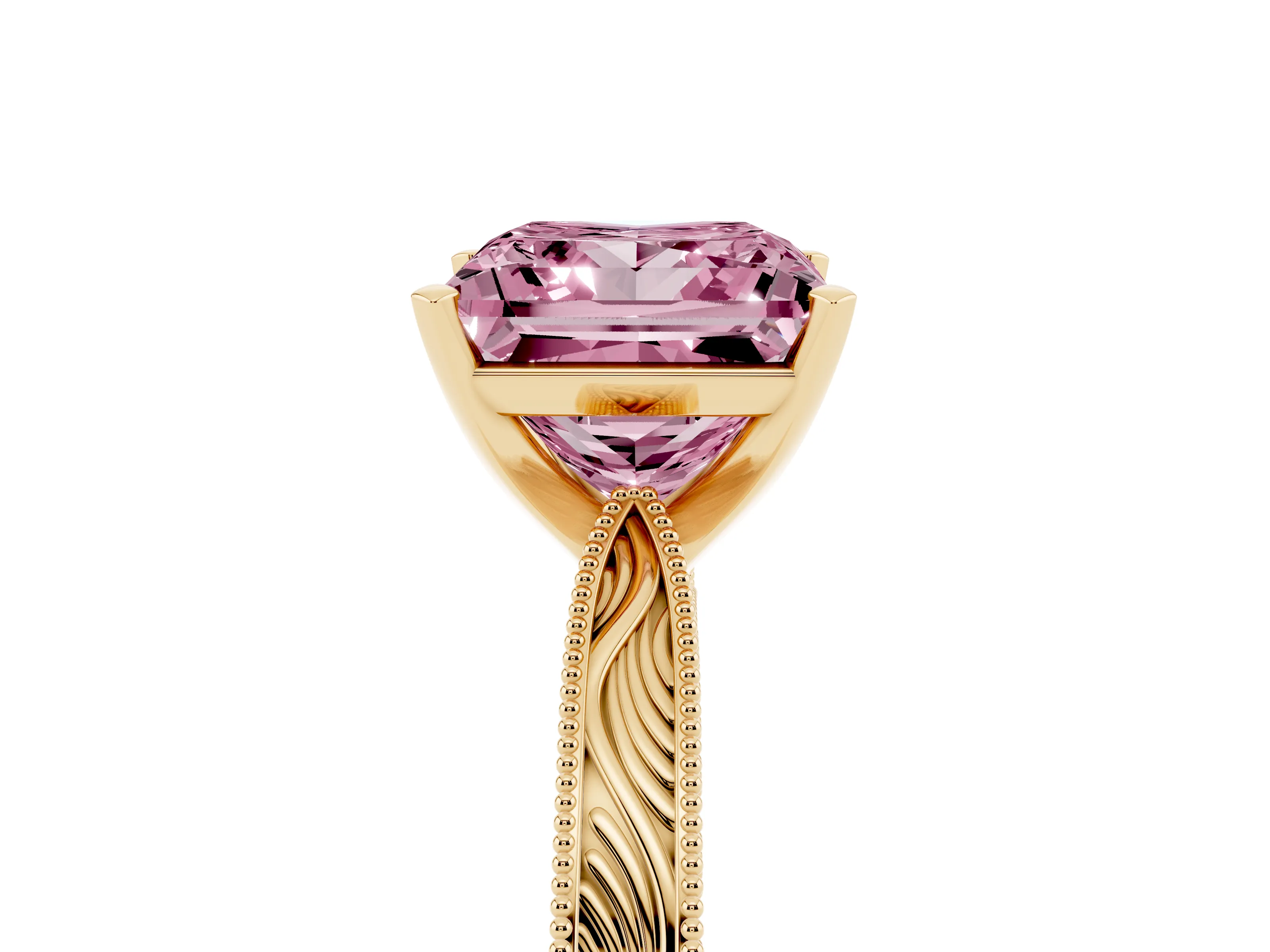 Fancy Pink Princess Cut Diamond Solitaire Milgrain Engraved Band Set in Yellow gold with Prong Setting