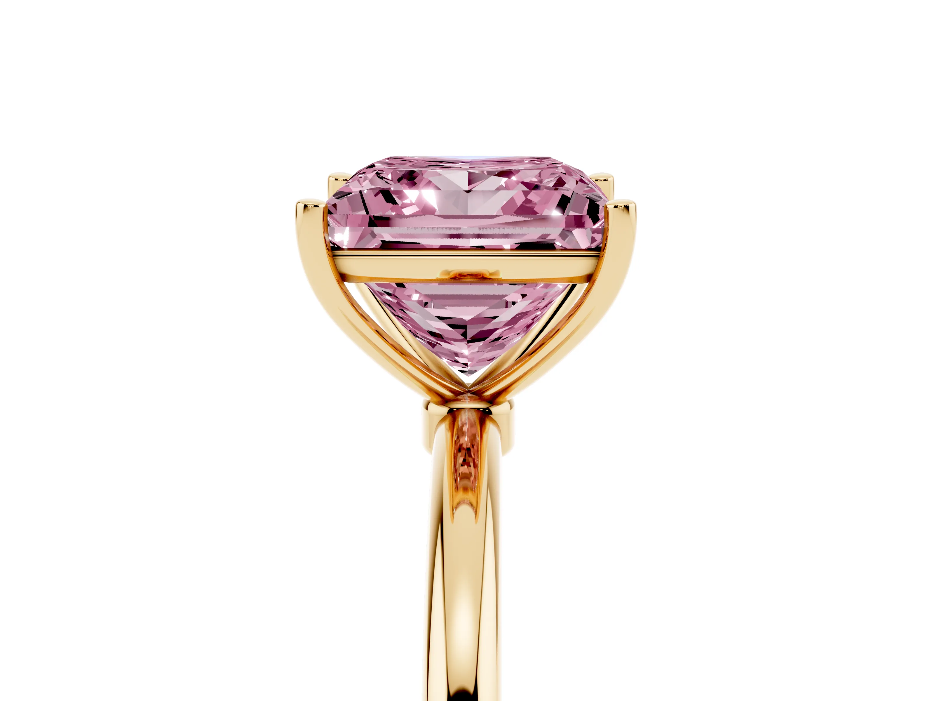 Fancy Pink Princess Cut Diamond Solitaire Engagement Ring Set in Yellow gold with Thin Band and Prong Setting