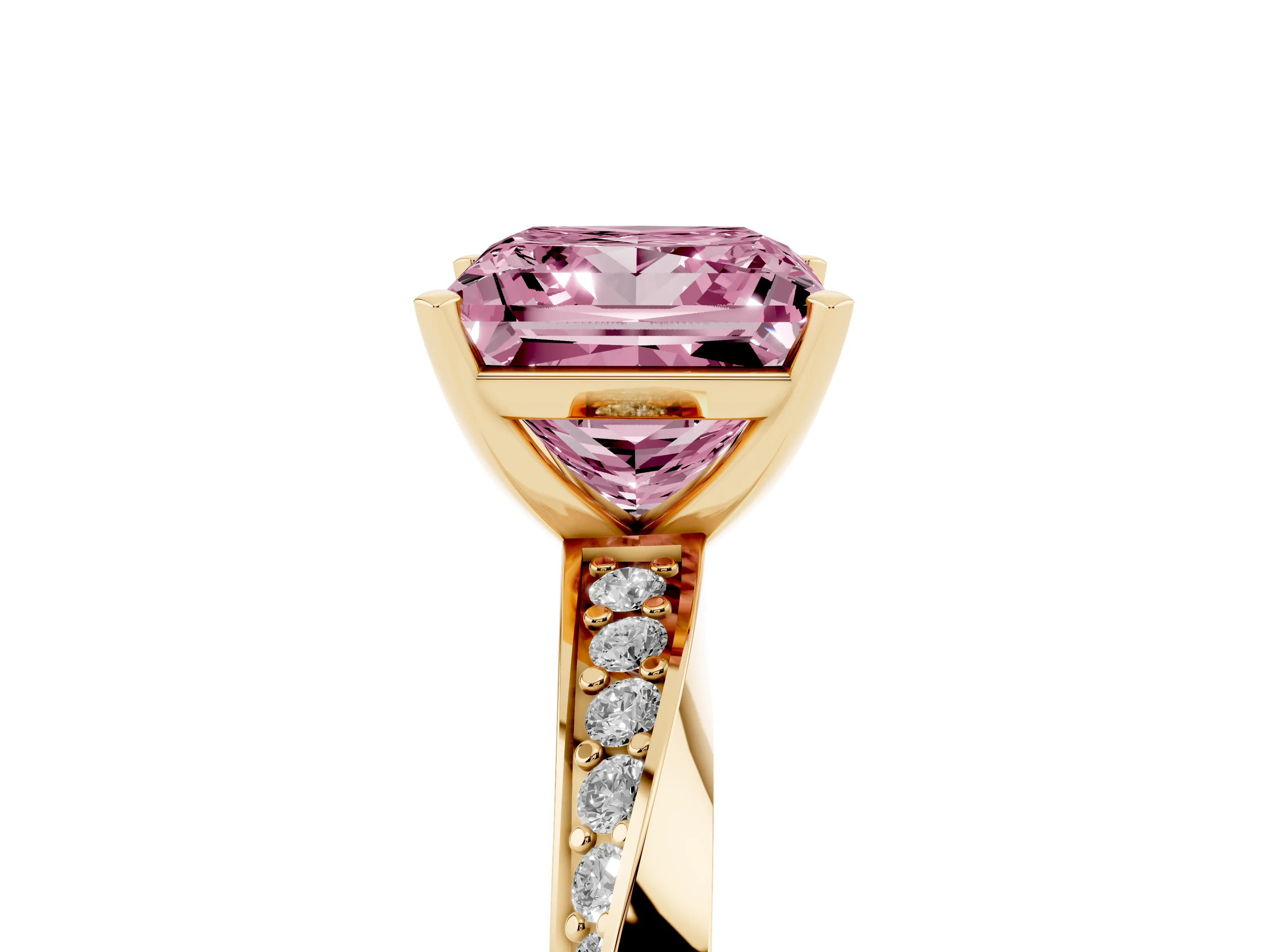 Fancy Pink Princess Cut Diamond Engagement Ring Set in Yellow gold with Side Stone Accents and Prong Setting