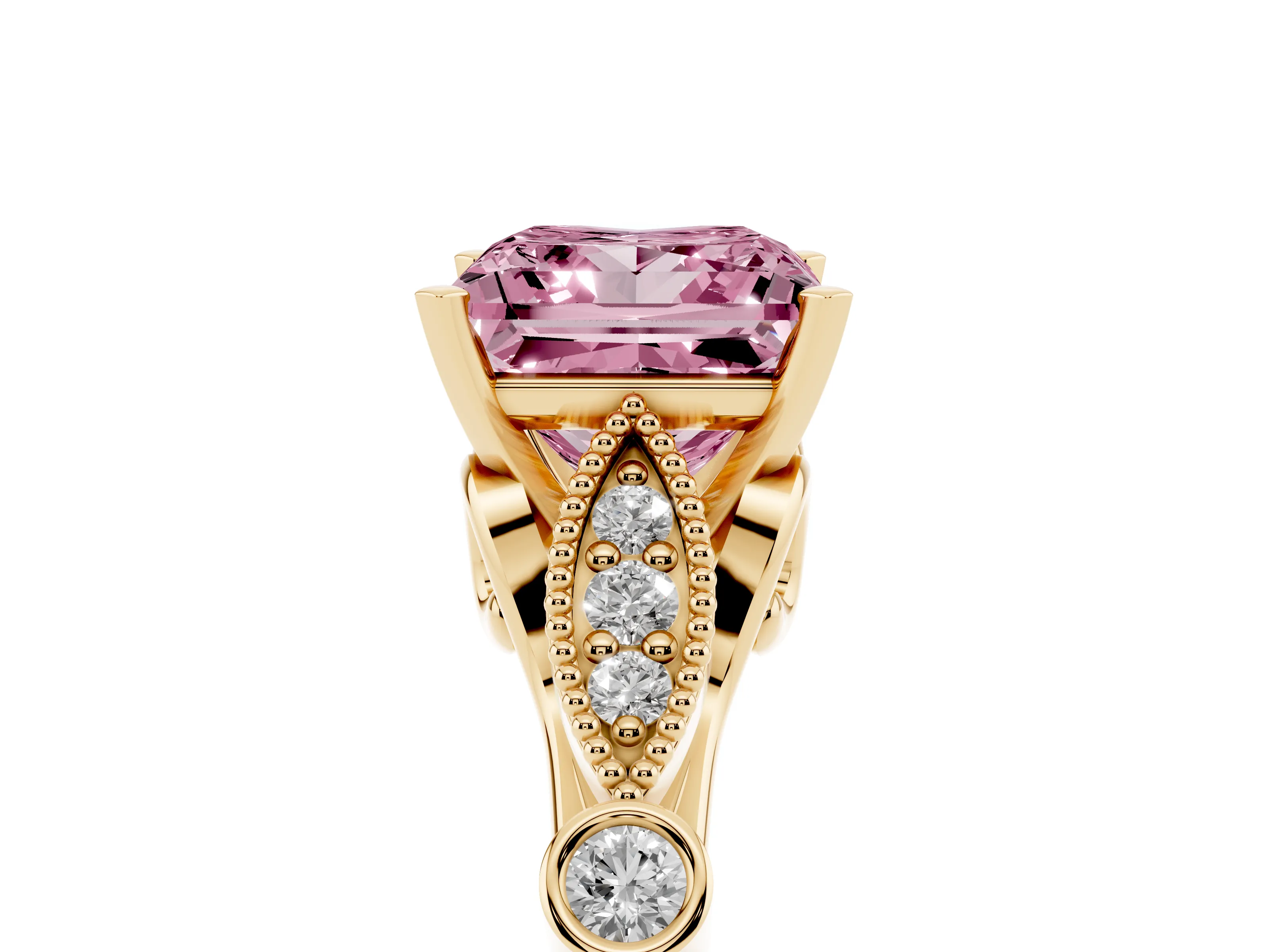 Fancy Pink Princess Cut Diamond Solitaire Ring Set in Yellow gold with Milgrain Marquise and Bezel Accents