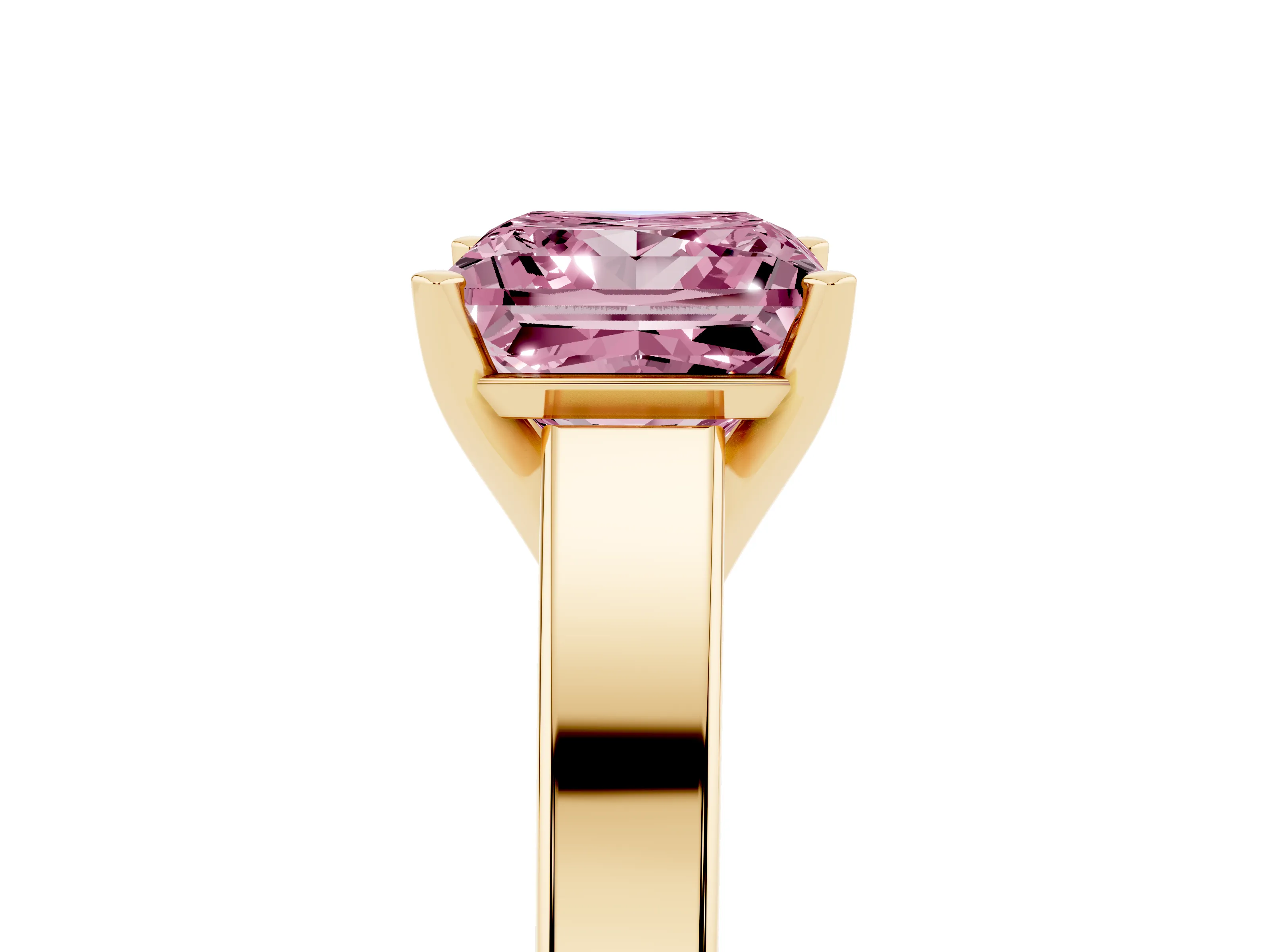 Fancy Pink Princess Cut Diamond Solitaire Engagement Ring Set in Yellow gold with Prong Setting and Tapered Band