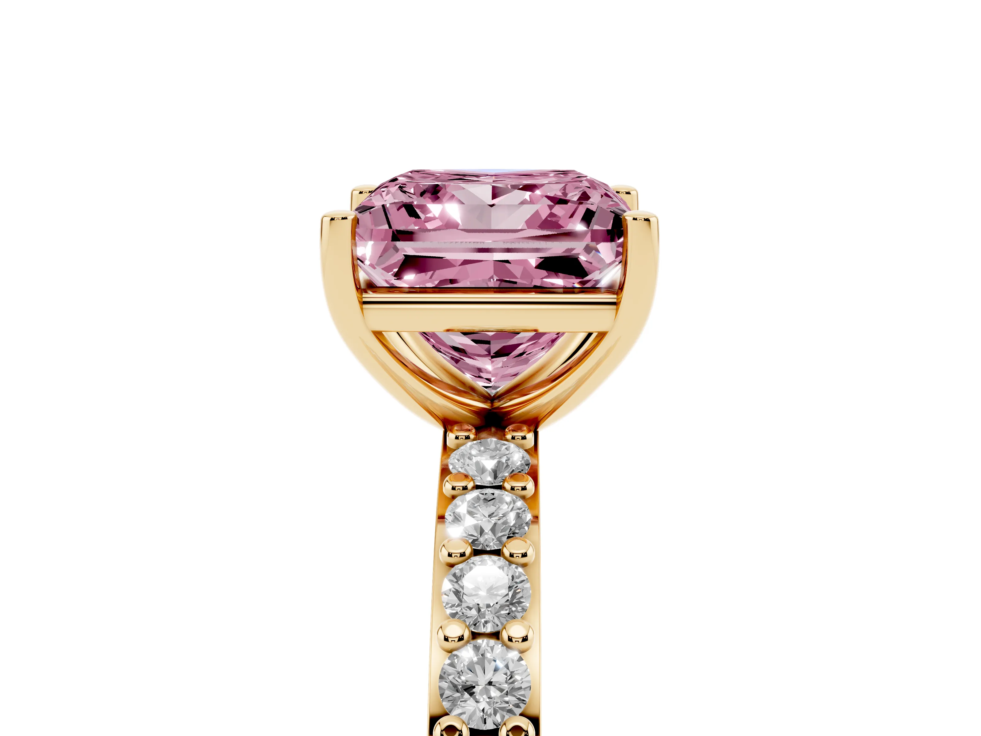 Fancy Pink Princess Cut Diamond Solitaire Set in Yellow gold with Round Pavé Band and Prong Setting