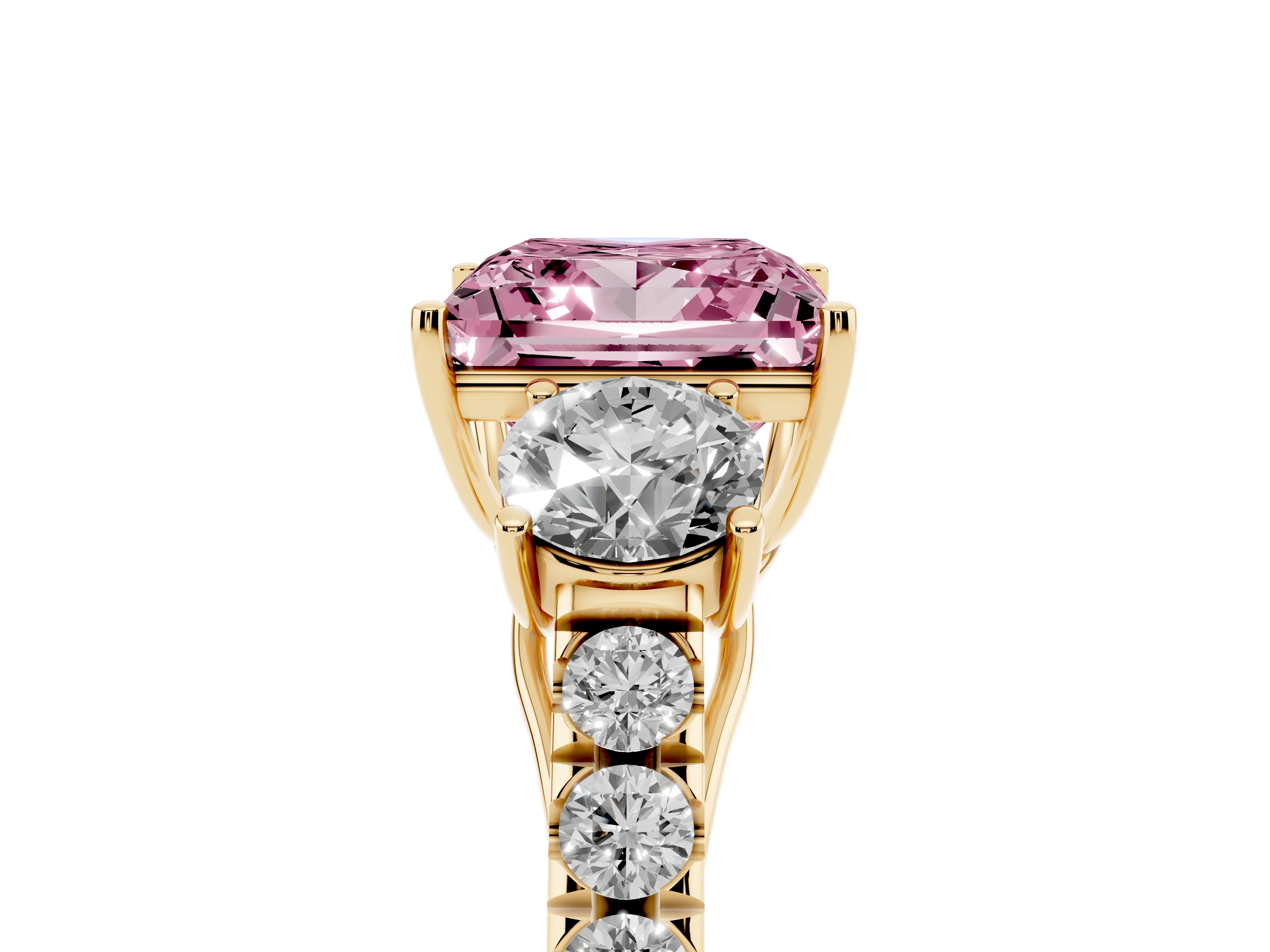 Fancy Pink Princess Cut Diamond Three-Stone Ring Set in Yellow gold with Round Side Stones and Delicate Pavé Band