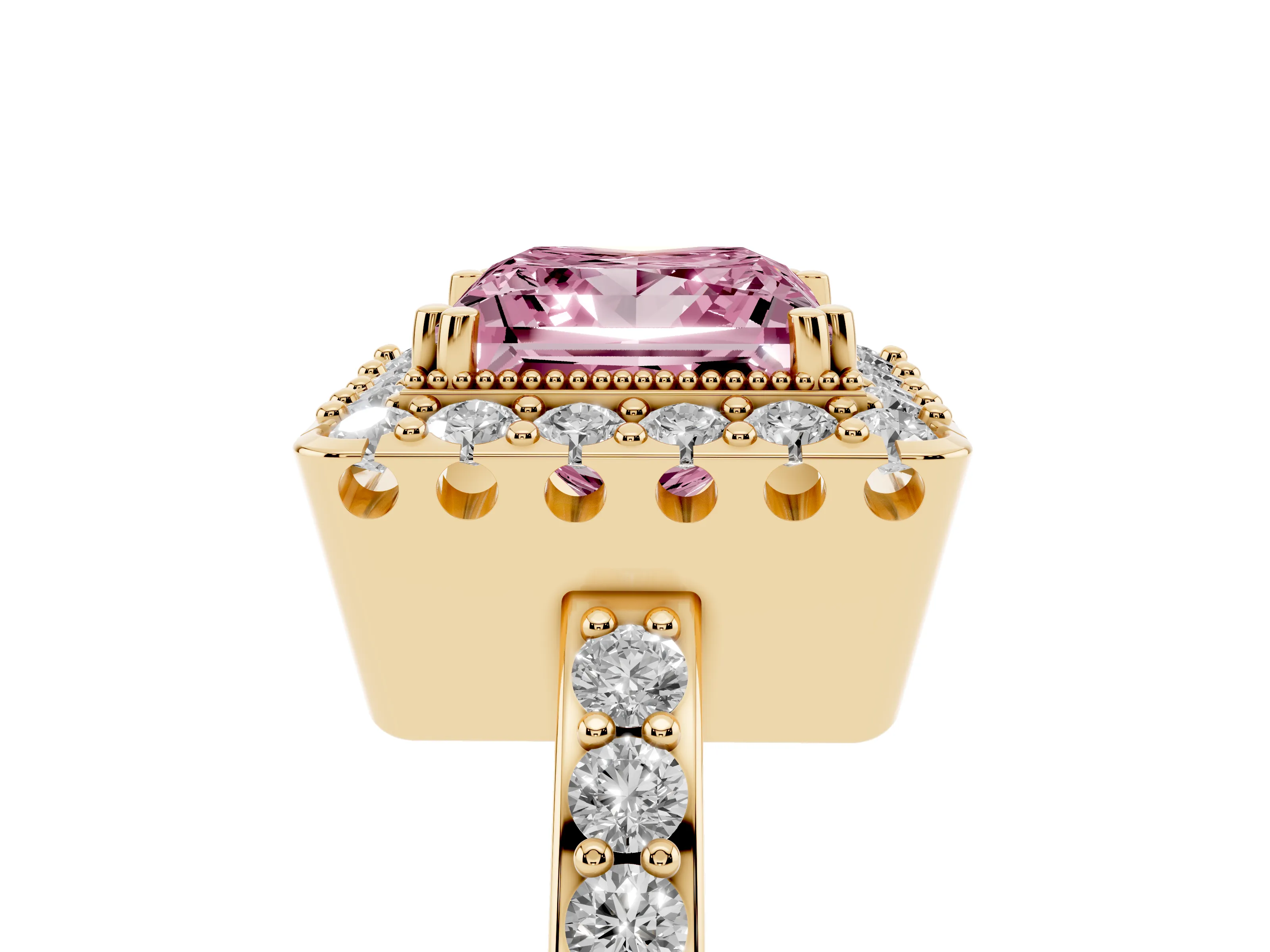 Fancy Pink Princess Cut Diamond Halo Ring Set in Yellow gold with Pavé Shank and Prong Setting