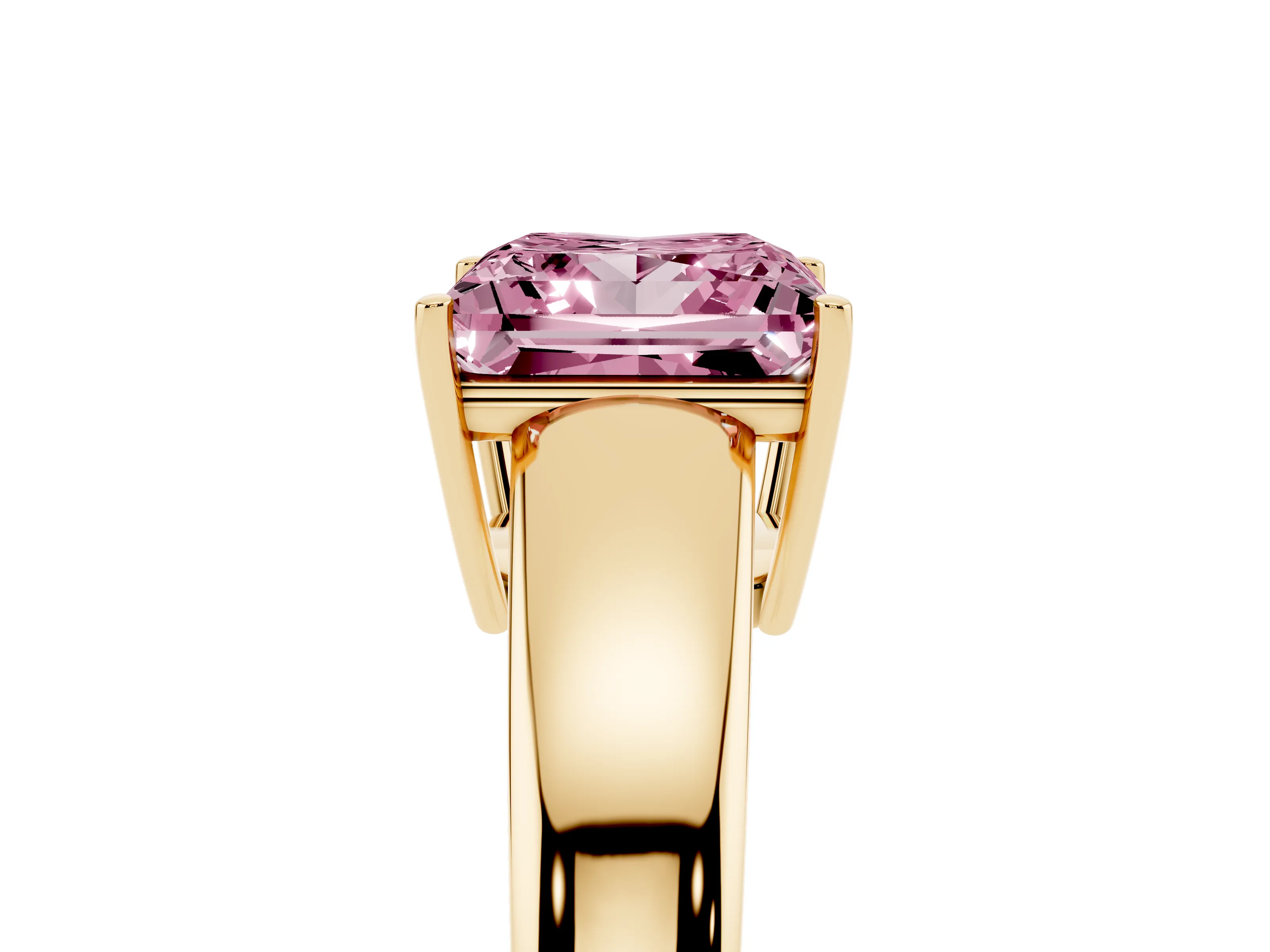 Fancy Pink Princess Cut Diamond Solitaire Ring Set in Yellow gold with Tapered Band and Prong Setting