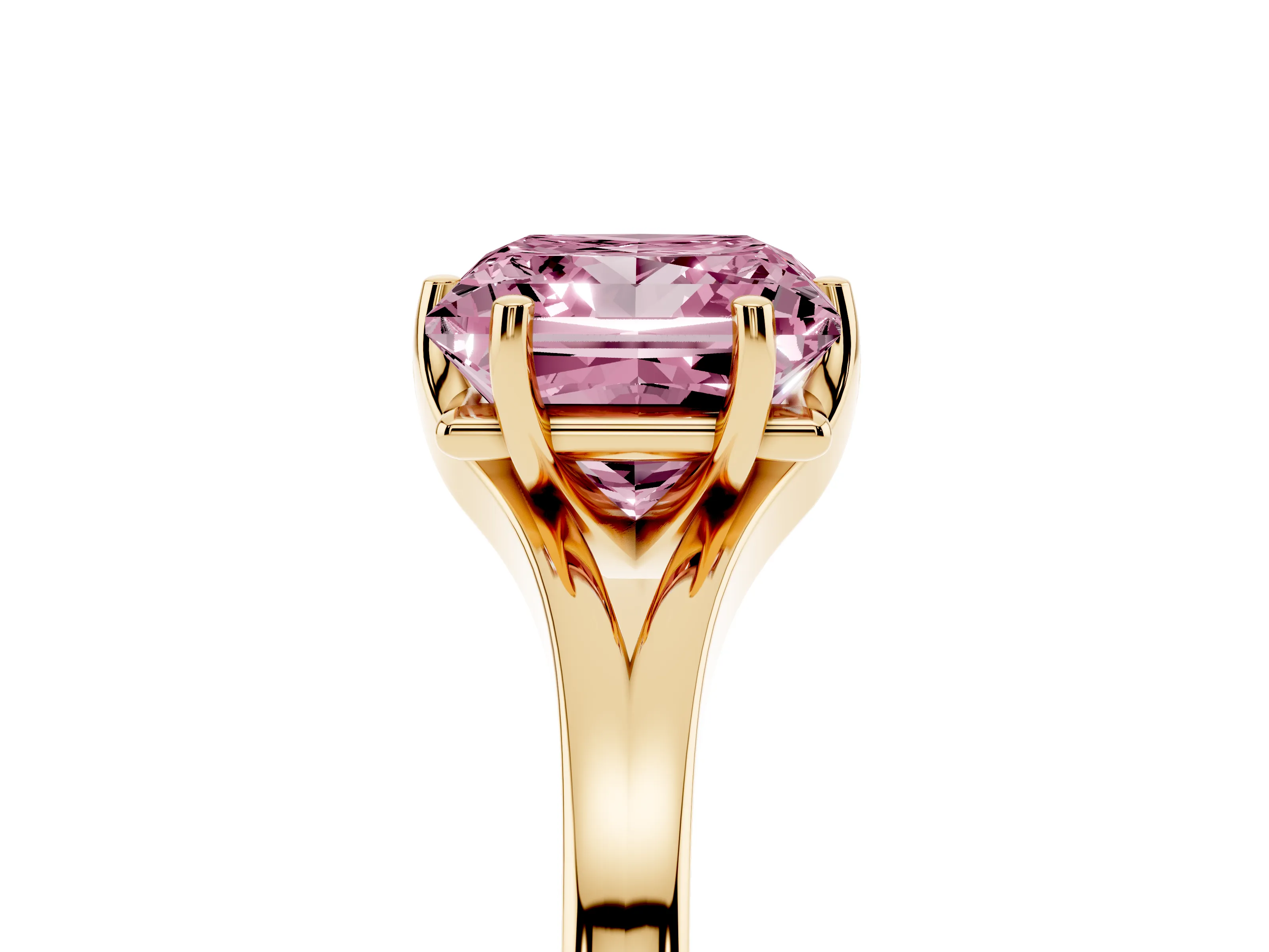 Fancy Pink Princess Cut Diamond Solitaire Ring Set in Yellow gold with Polished Tapered Band and Prong Setting