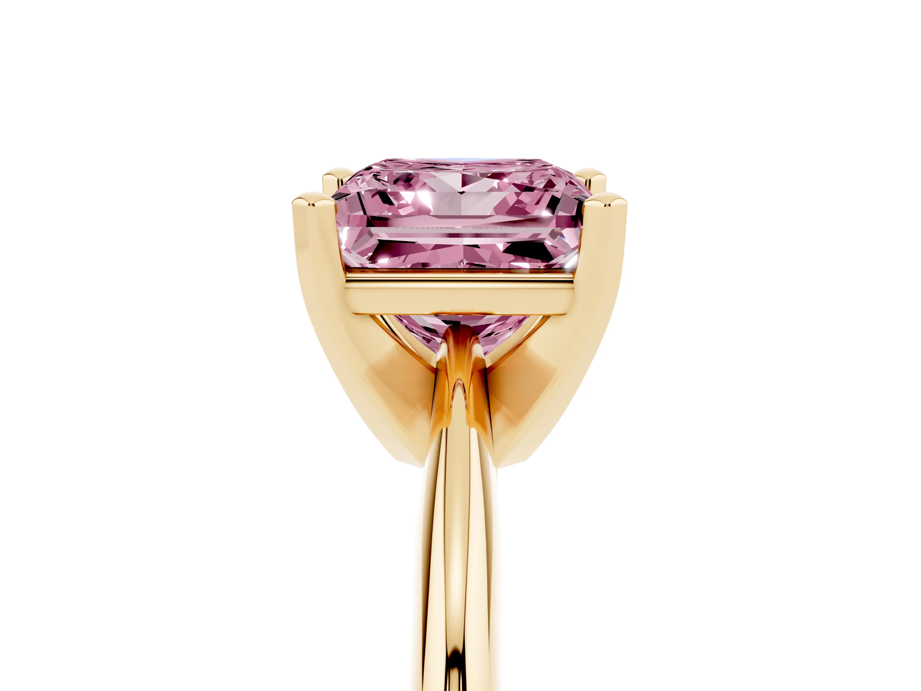 Fancy Pink Princess Cut Diamond Solitaire Ring Set in Yellow gold with Prong Setting on a Plain Round Band