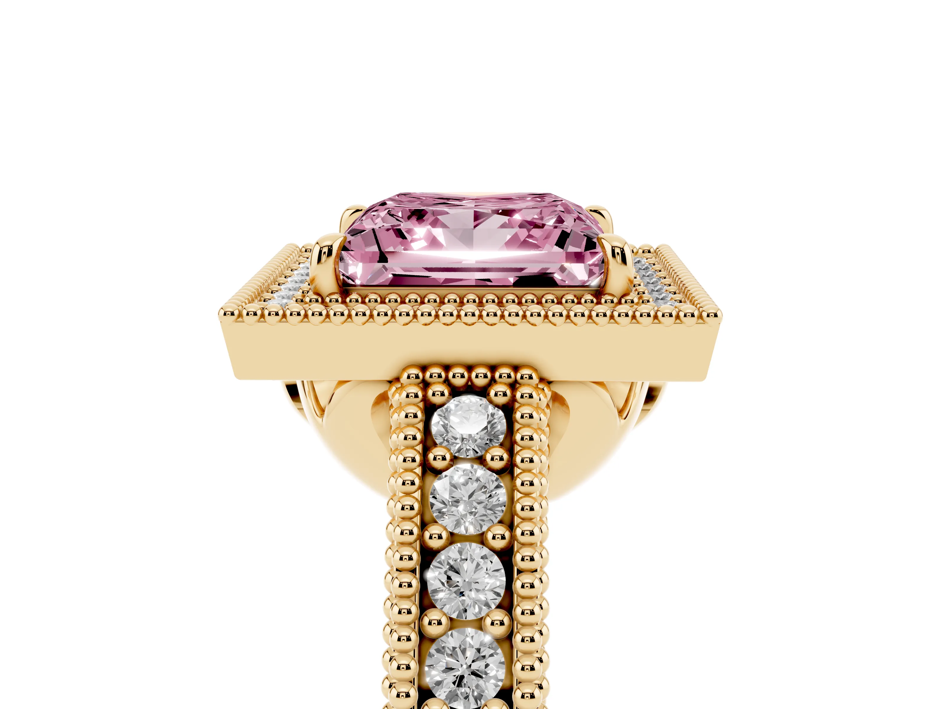 Fancy Pink Princess Cut Diamond Halo Ring Set in Yellow gold with Round Accent Halo, Pavé Band and Prong Setting