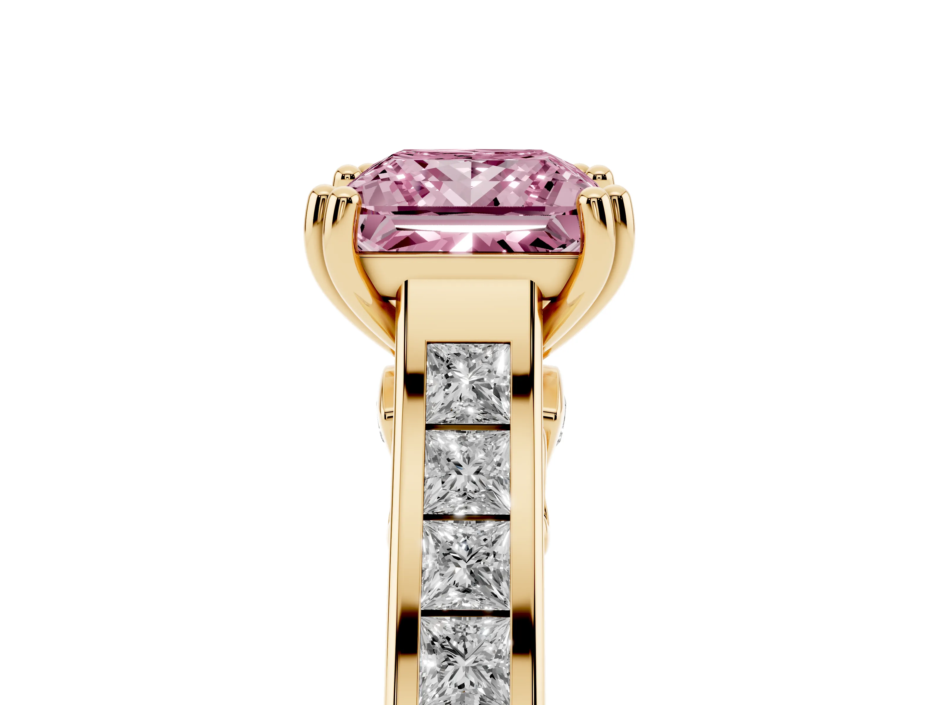 Fancy Pink Princess Cut Diamond Channel Set Solitaire Engagement Ring Set in Yellow gold with Prong Setting
