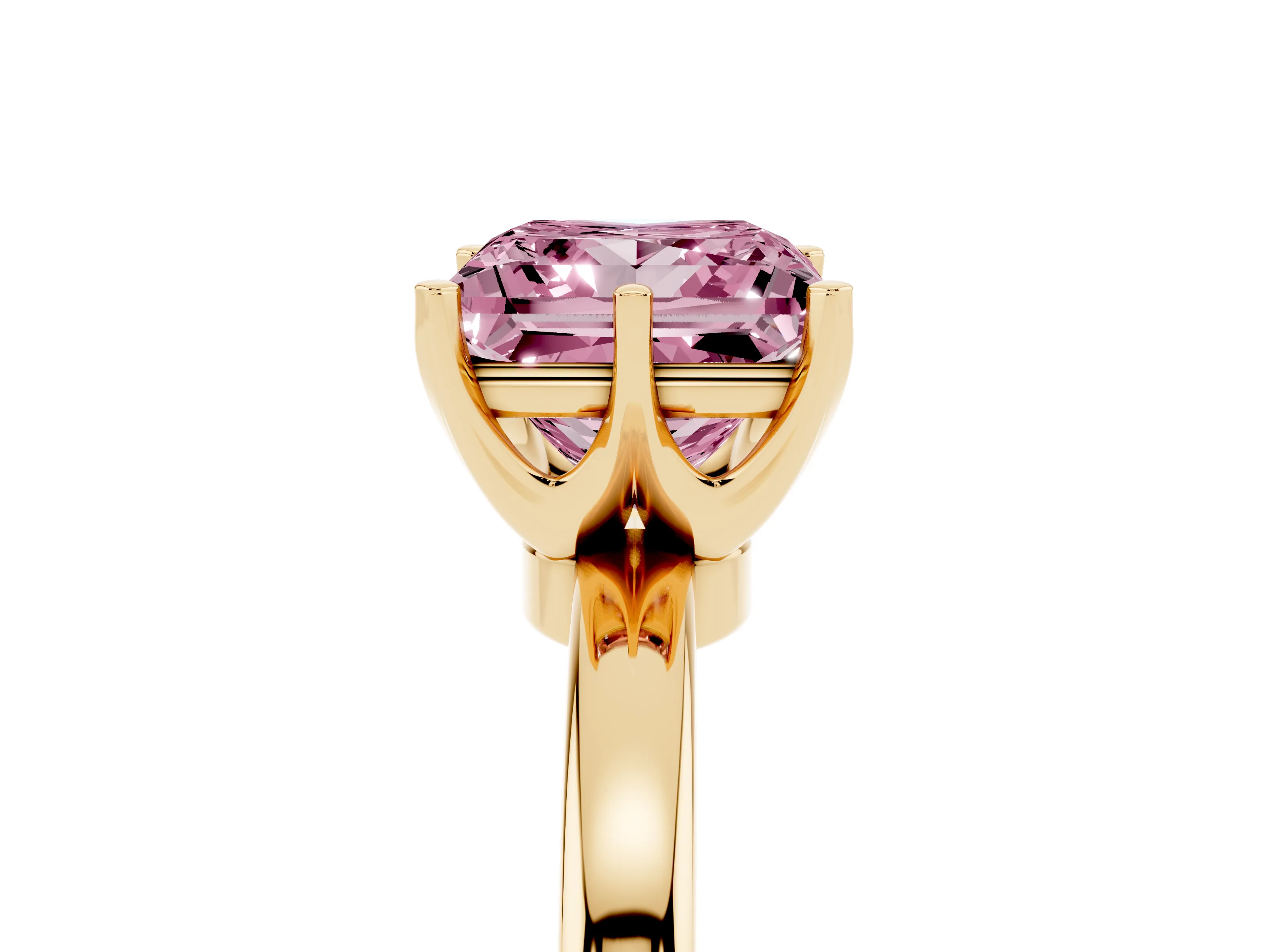 Fancy Pink Princess Cut Diamond Solitaire Ring Set in Yellow gold with Raised Prong Setting on a Classic Band