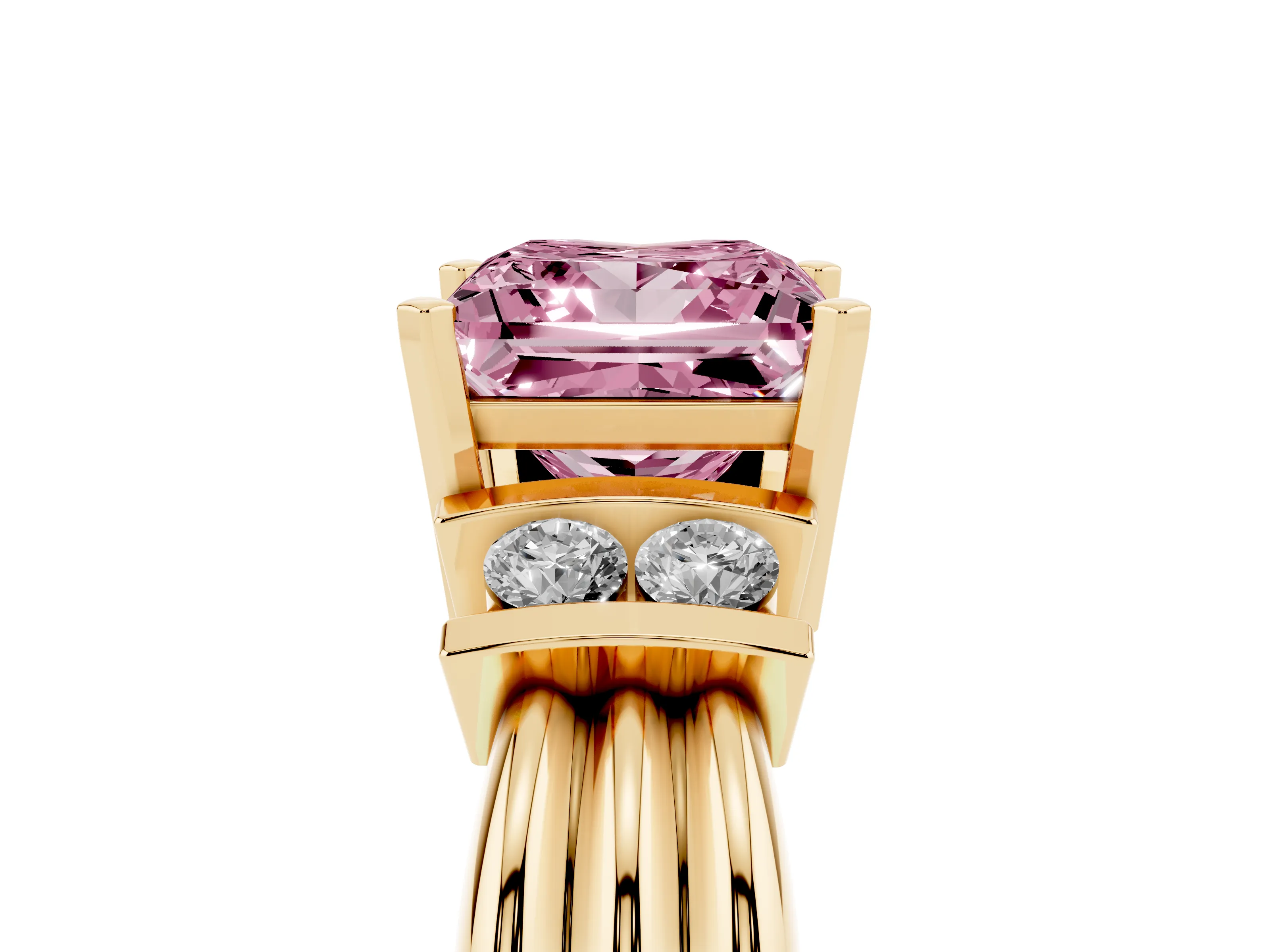 Fancy Pink Three-Stone Princess Cut Diamond Channel Set Ring Set in Yellow gold with Bar Prongs