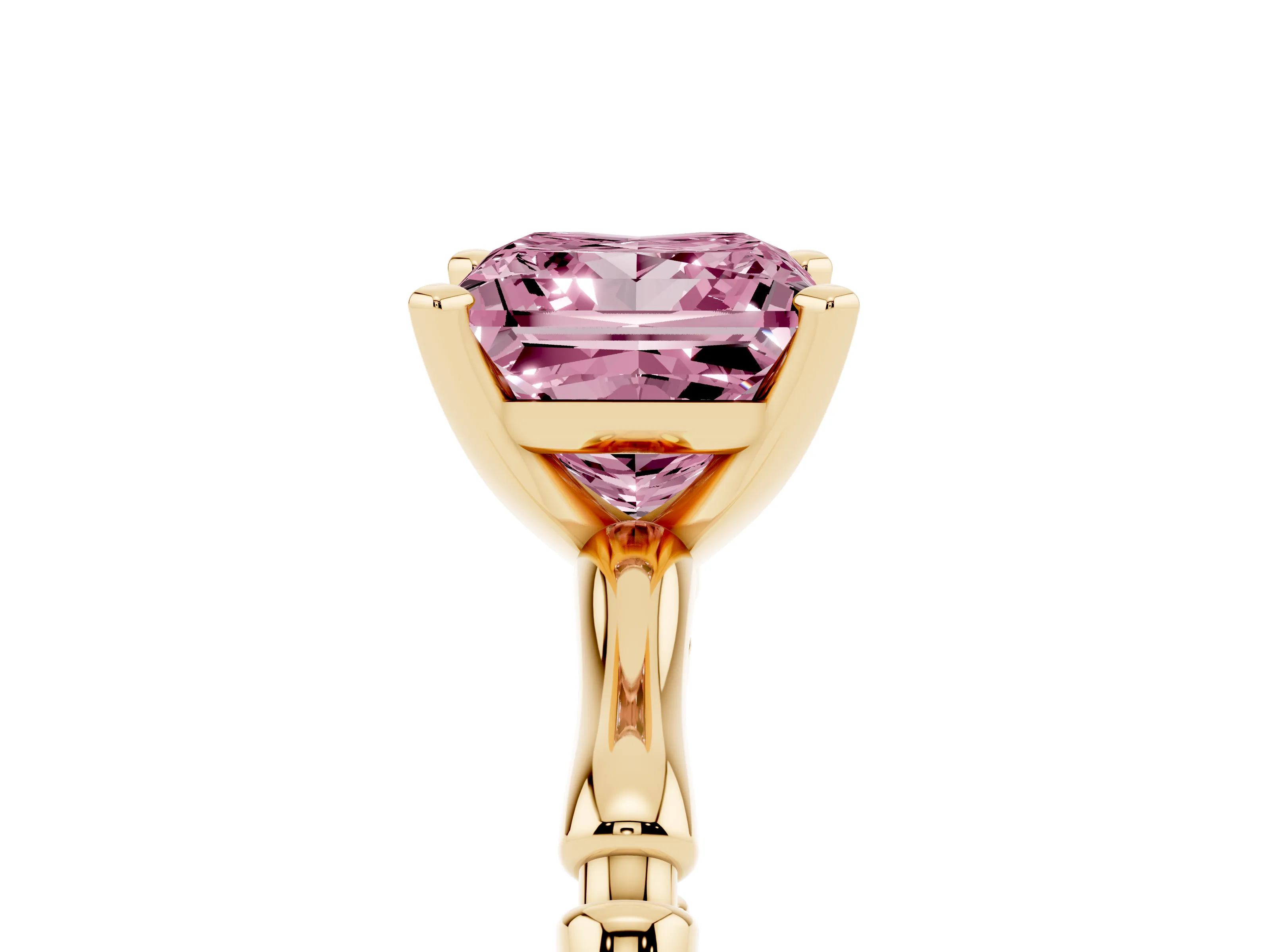 Fancy Pink Princess Cut Diamond Solitaire Ring Set in Yellow gold with Bamboo Band and Prong Setting