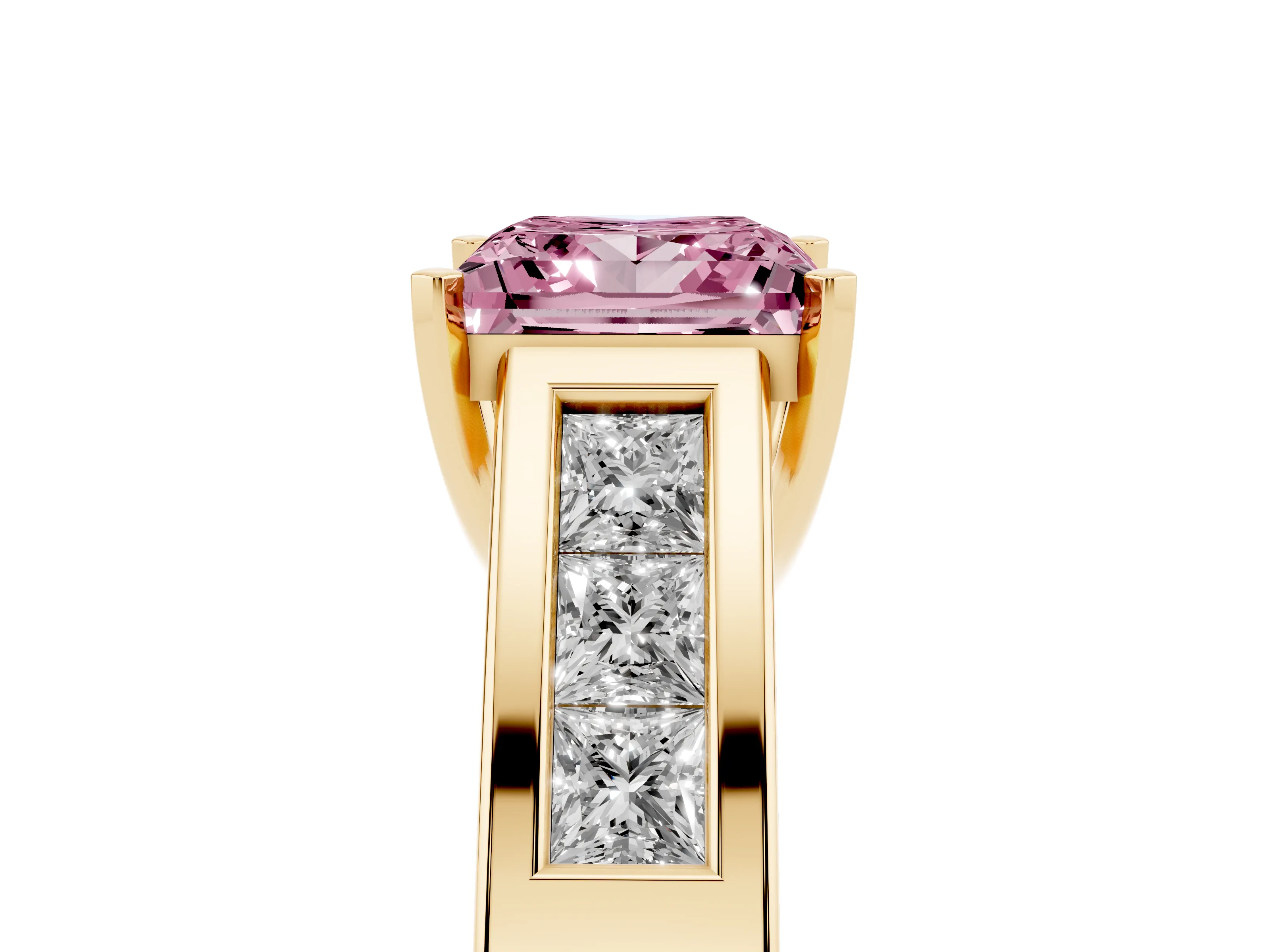 Fancy Pink Princess Cut Diamond Solitaire Ring Set in Yellow gold with Channel-Set Accent Stones and Prong Setting