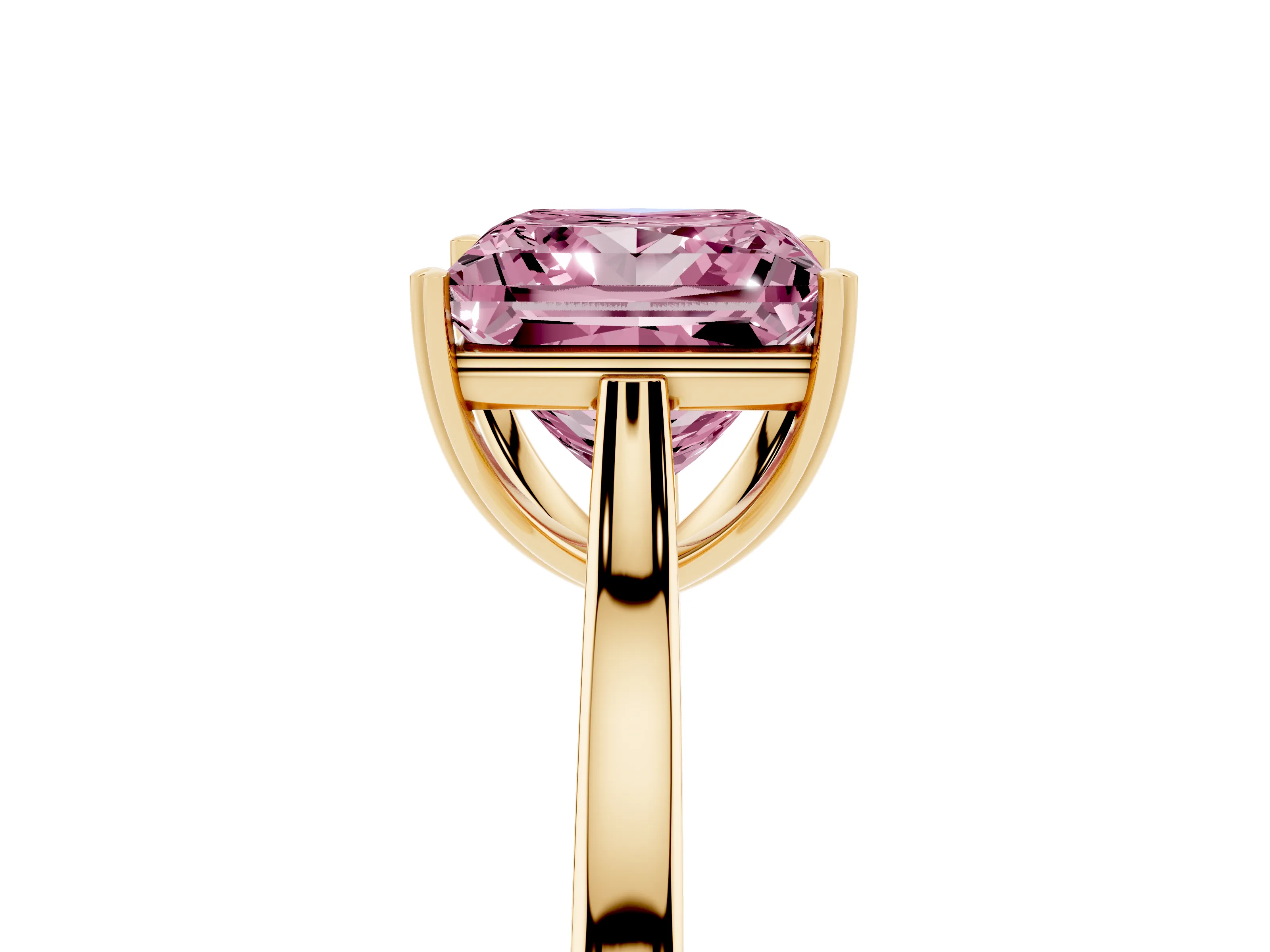Fancy Pink Princess Cut Diamond Solitaire Heart Prong Engagement Ring Set in Yellow gold with Tapered Band