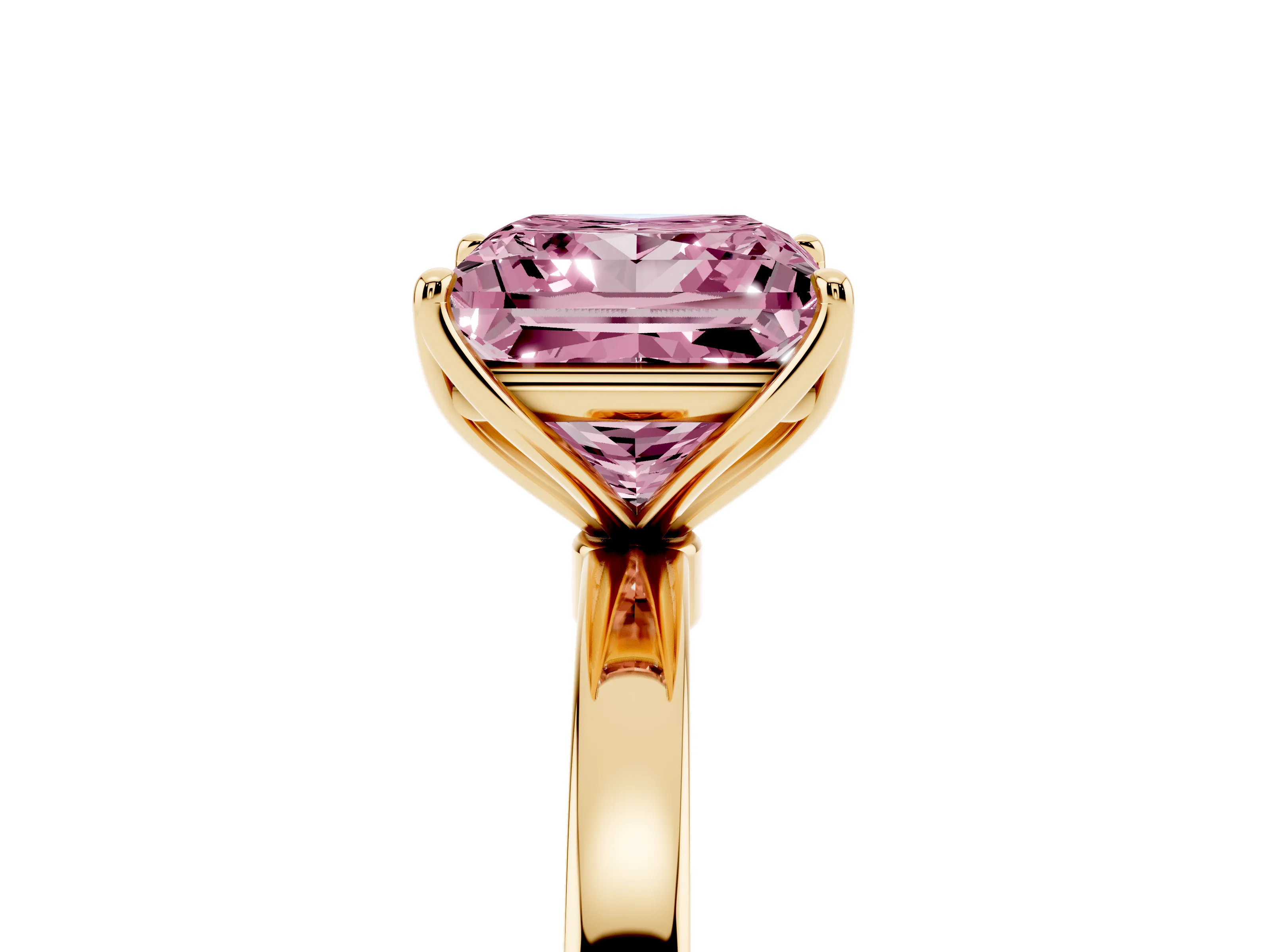 Fancy Pink Princess Cut Diamond Solitaire Ring Set in Yellow gold with Prong Setting and Thin Polished Band