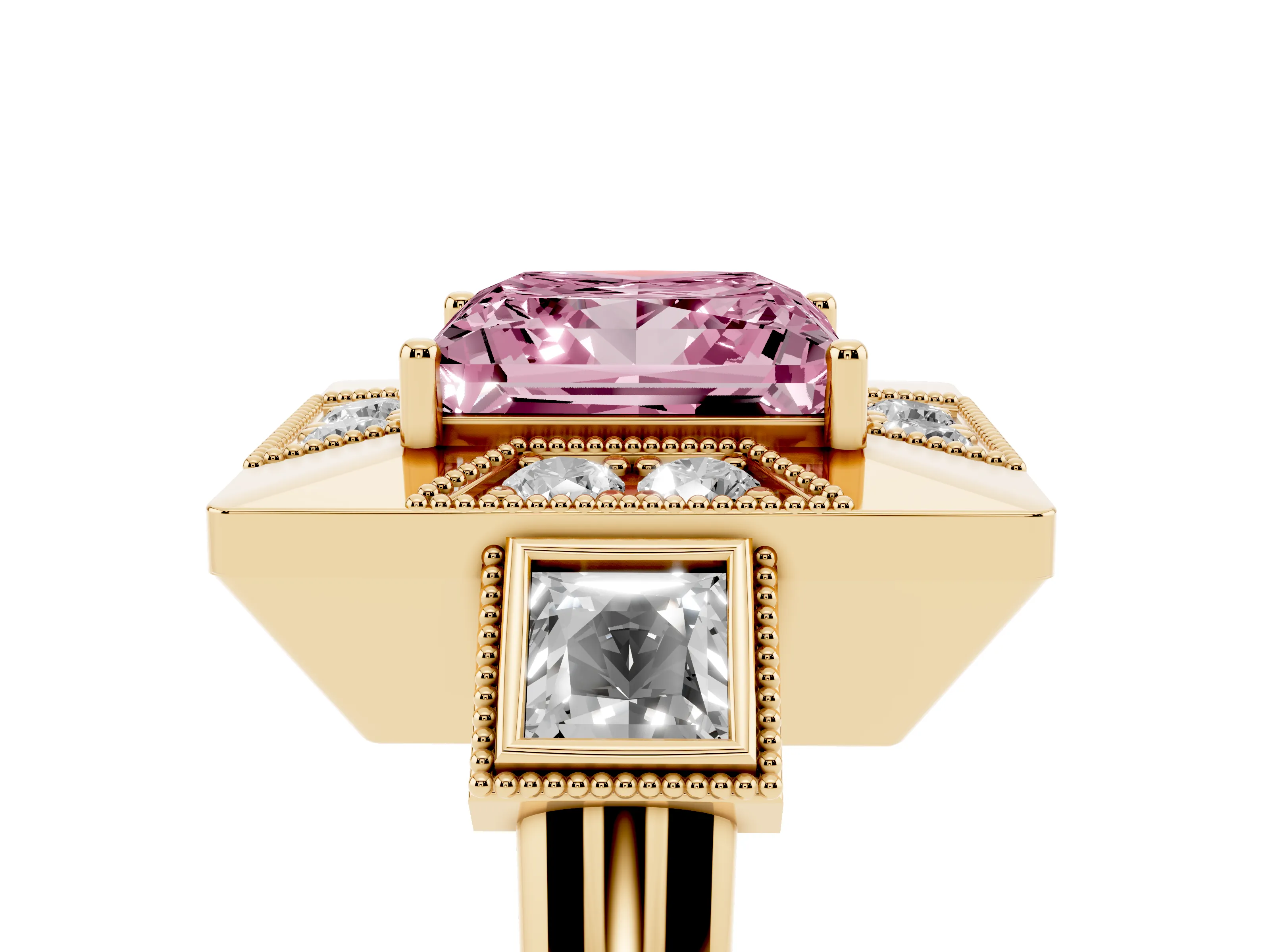 Fancy Pink Princess Cut Diamond Milgrain Halo Ring Set in Yellow gold with Split Shank