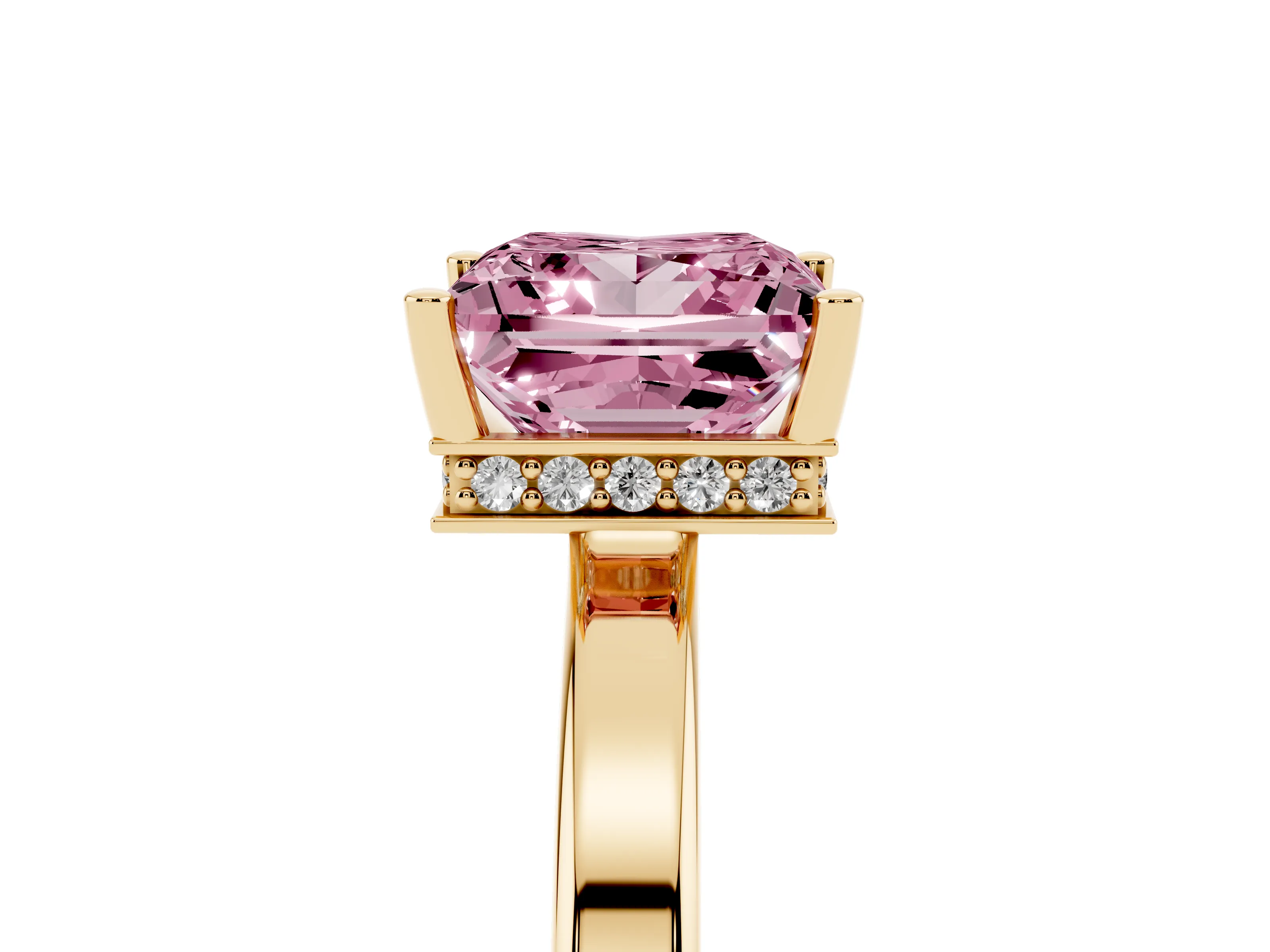 Fancy Pink Princess Cut Diamond Solitaire Engagement Ring Set in Yellow gold with Prong Setting on a Plain Band