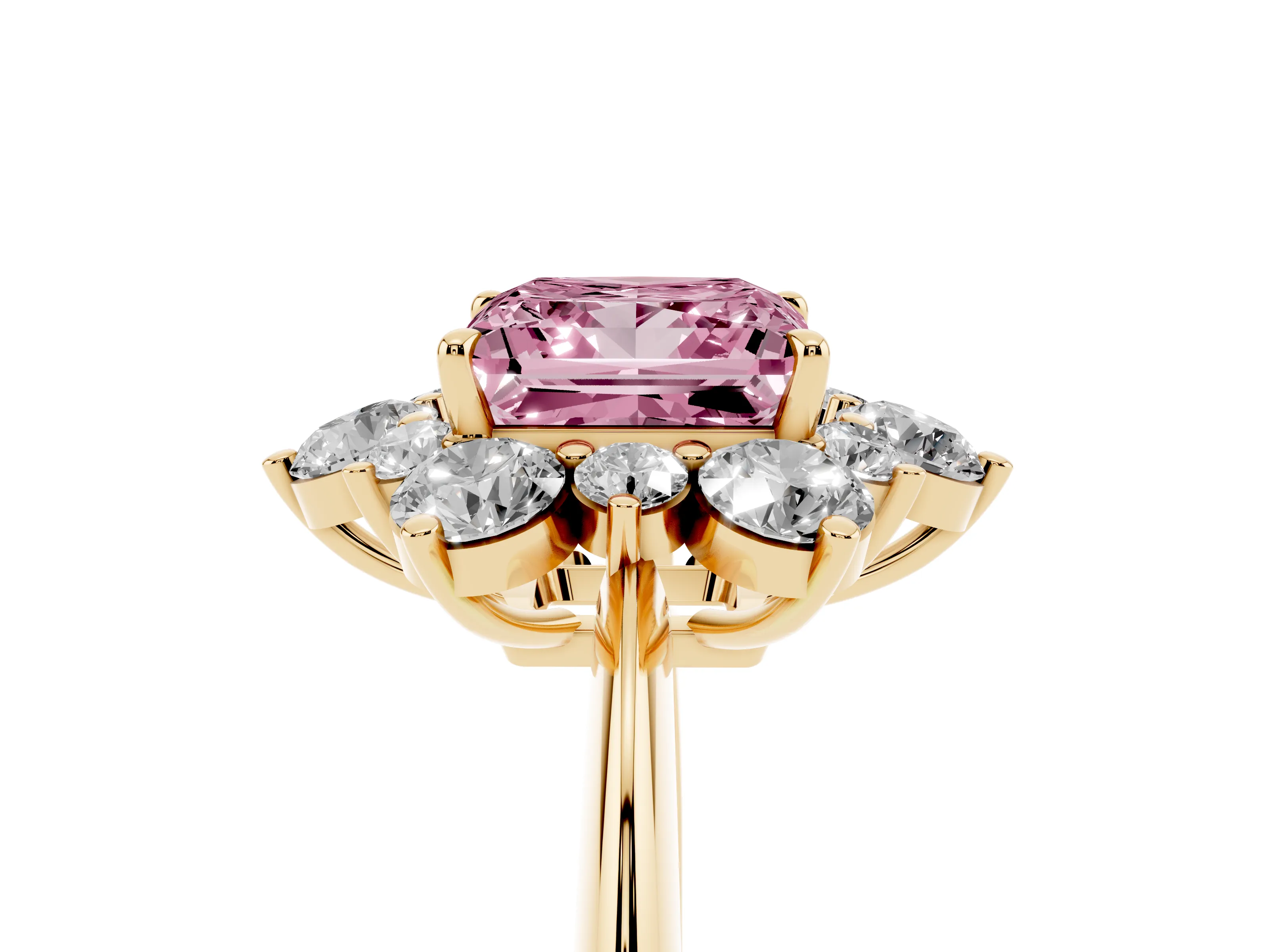 Fancy Pink Princess Cut Diamond Cluster Halo Ring Set in Yellow gold with Solitaire Band and Prong Setting