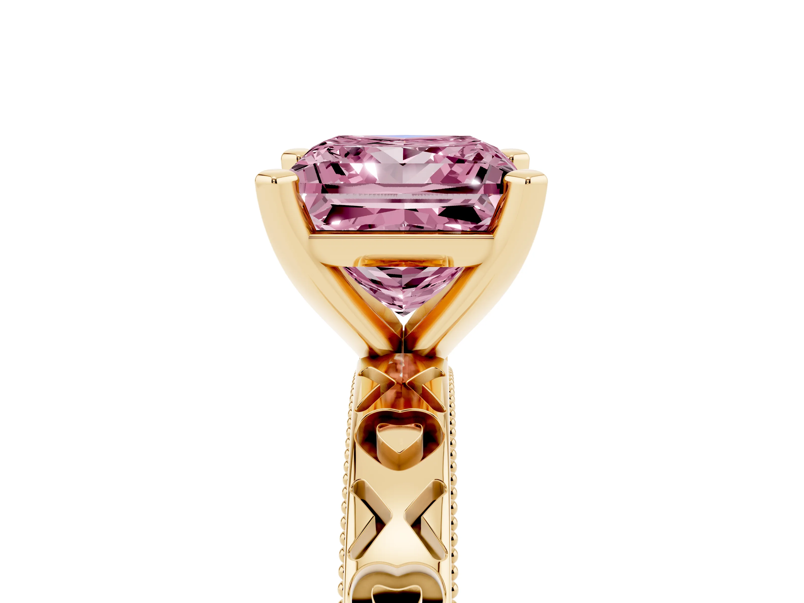 Fancy Pink Princess Cut Diamond Solitaire Engagement Ring Set in Yellow gold with XO Engraved Band and Prong Setting