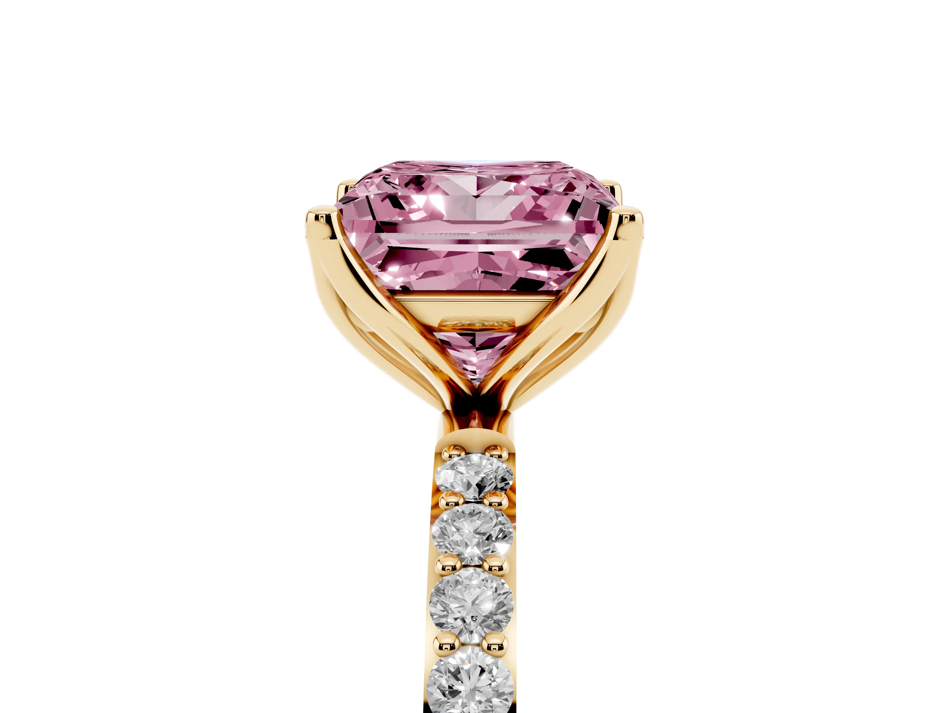 Fancy Pink Princess Cut Diamond Solitaire Engagement Ring Set in Yellow gold with Round Pavé Band and Prong Setting