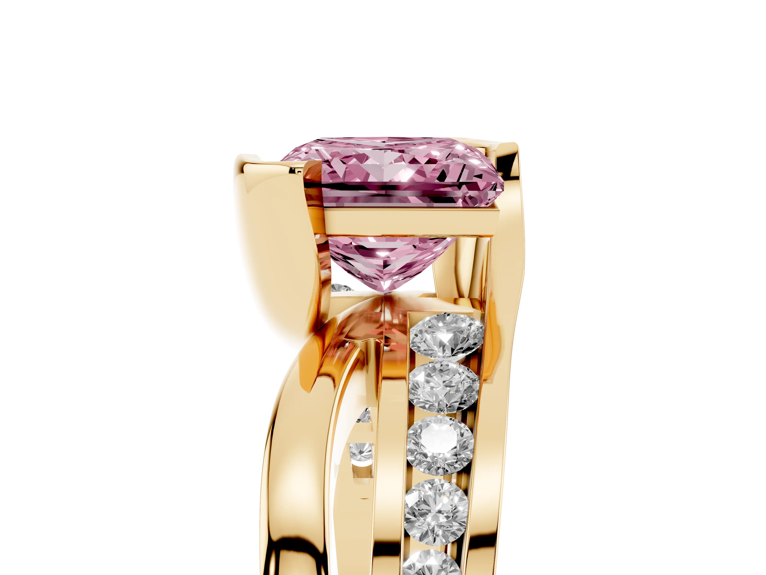Fancy Pink Princess Cut Diamond Solitaire Ring Set in Yellow gold with Channel Set Split Shank and Tension Prongs