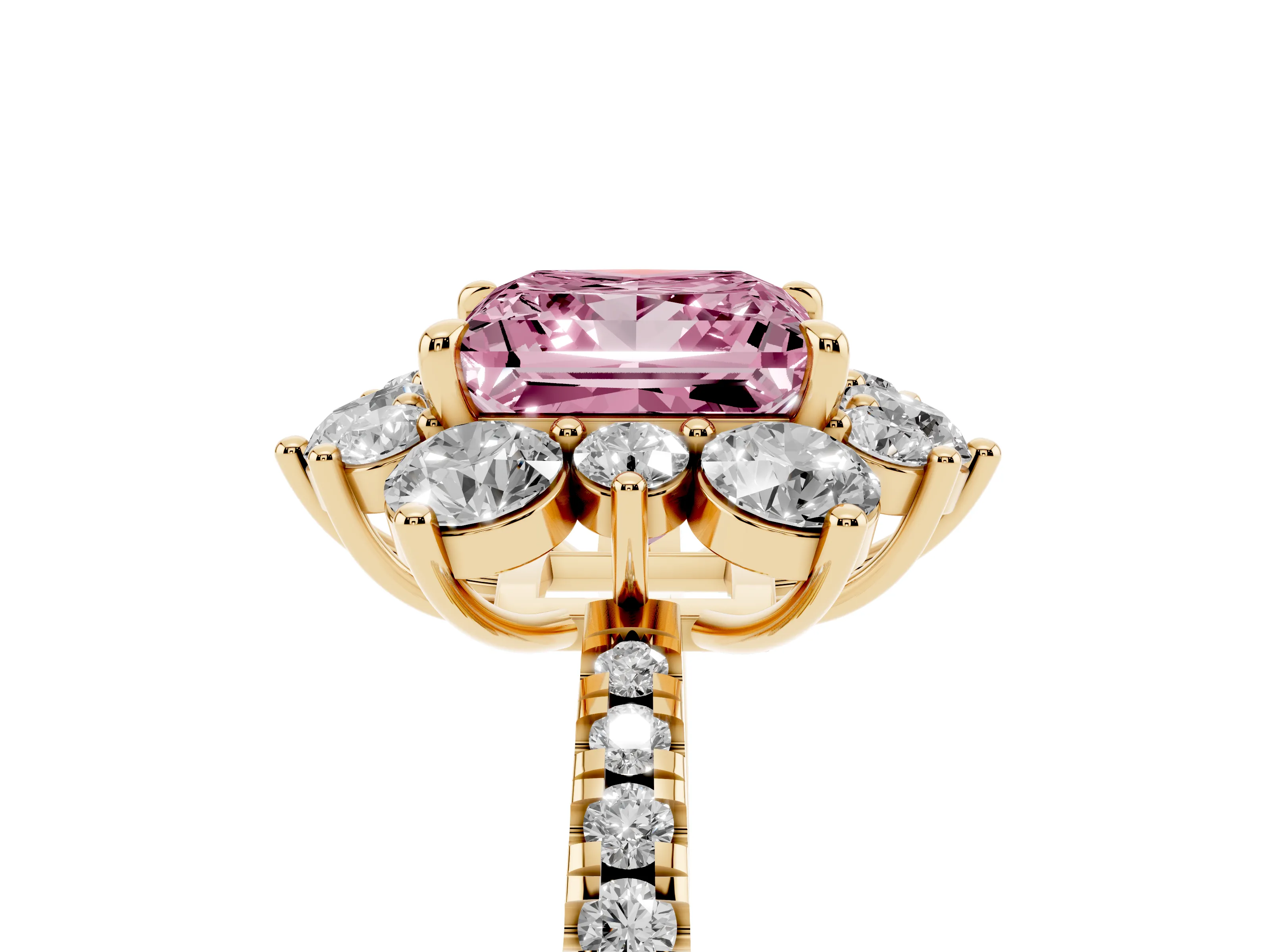 Fancy Pink Princess Cut Diamond Floral Halo Ring Set in Yellow gold with Round Pavé Band and Prong Setting