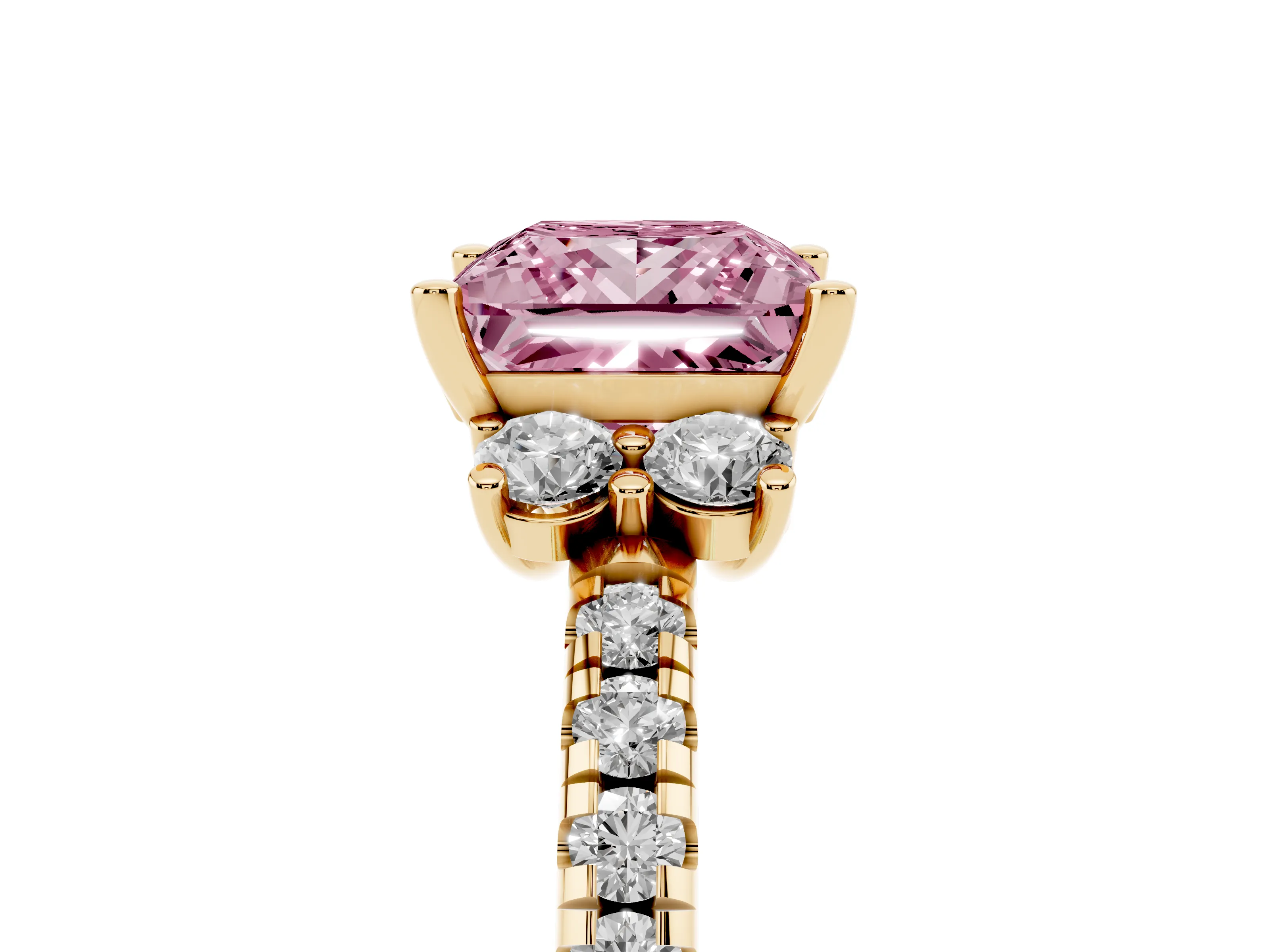 Fancy Pink Princess Cut Diamond Three-Stone Pavé Ring Set in Yellow gold with Prong Setting