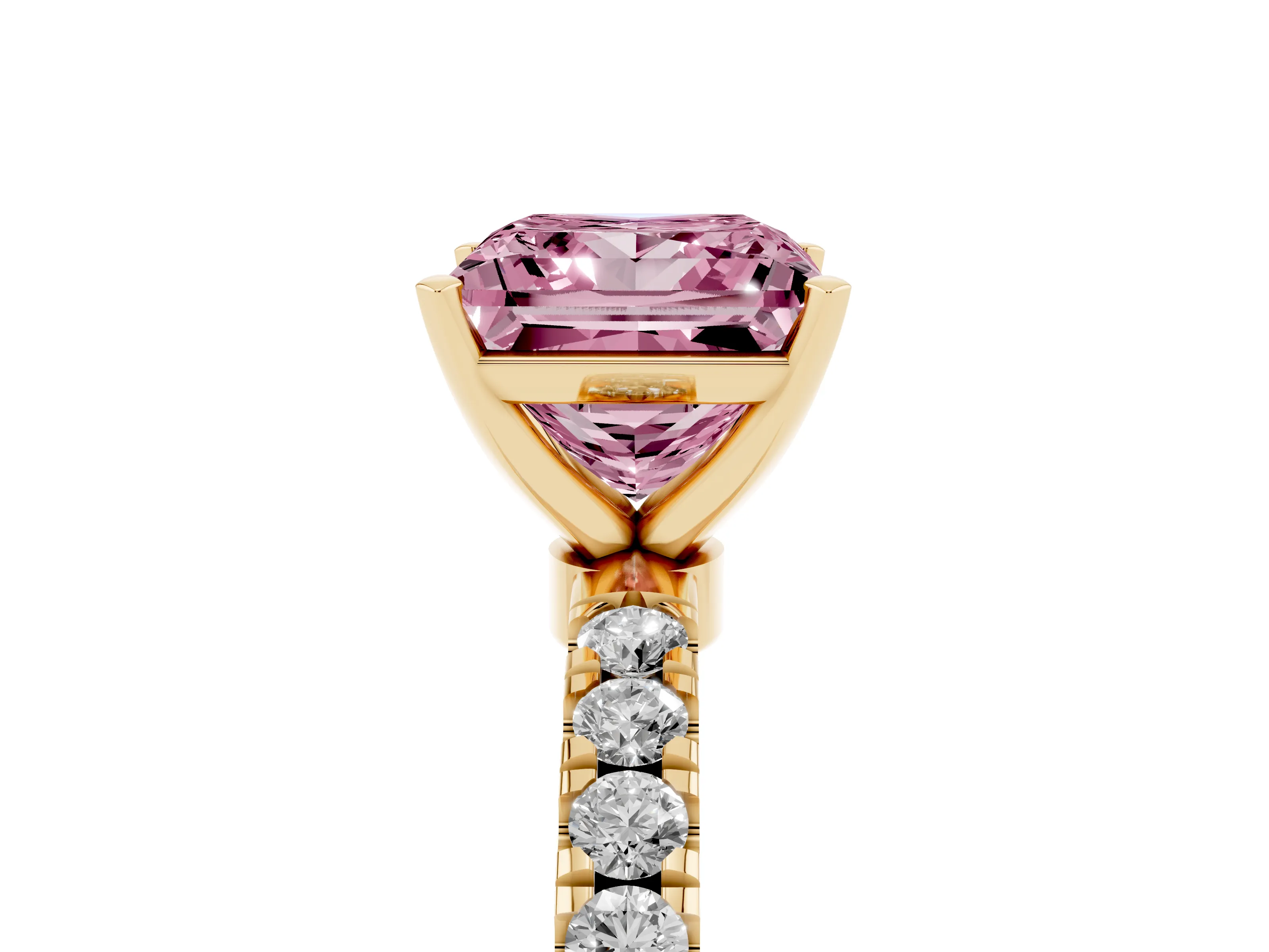 Fancy Pink Princess Cut Diamond Solitaire Ring Set in Yellow gold with Pavé Accents and Prong Setting