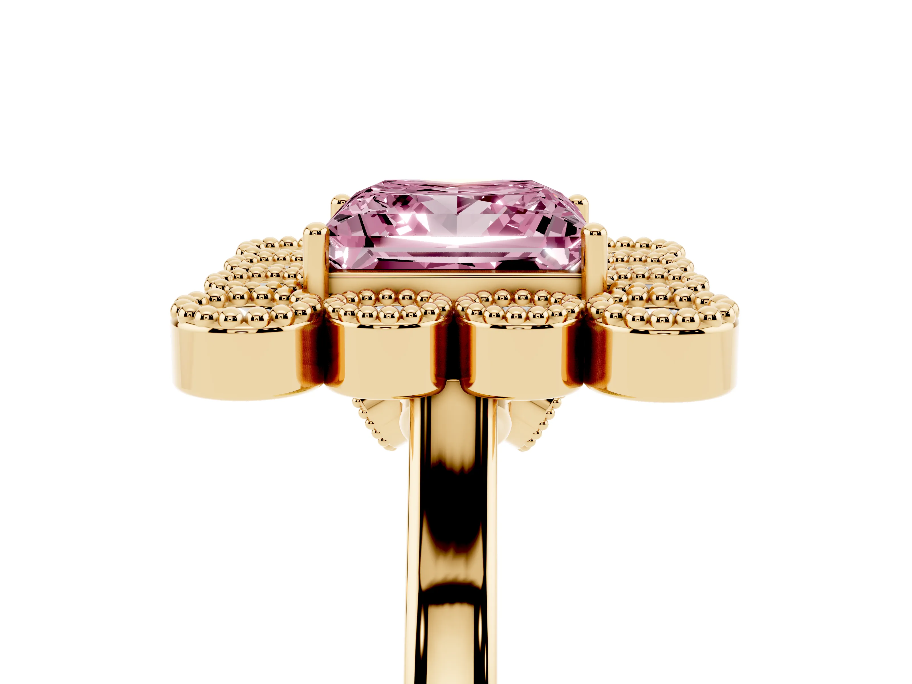 Fancy Pink Princess Cut Diamond Cluster Halo Ring Set in Yellow gold with Milgrain Bezel Accents and Plain Band