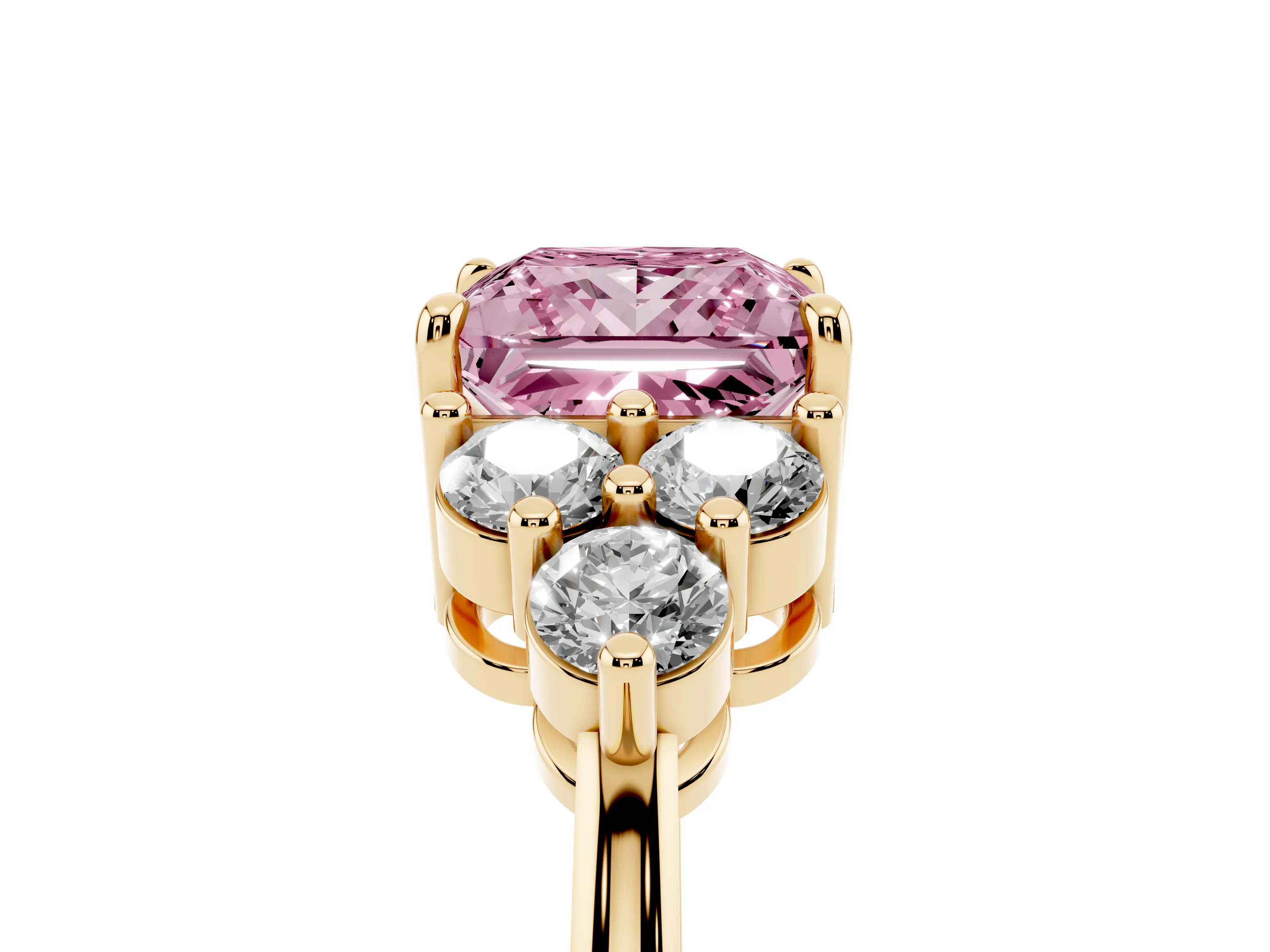 Fancy Pink Princess Cut Diamond Solitaire Ring Set in Yellow gold with Cluster Accents on Each Side