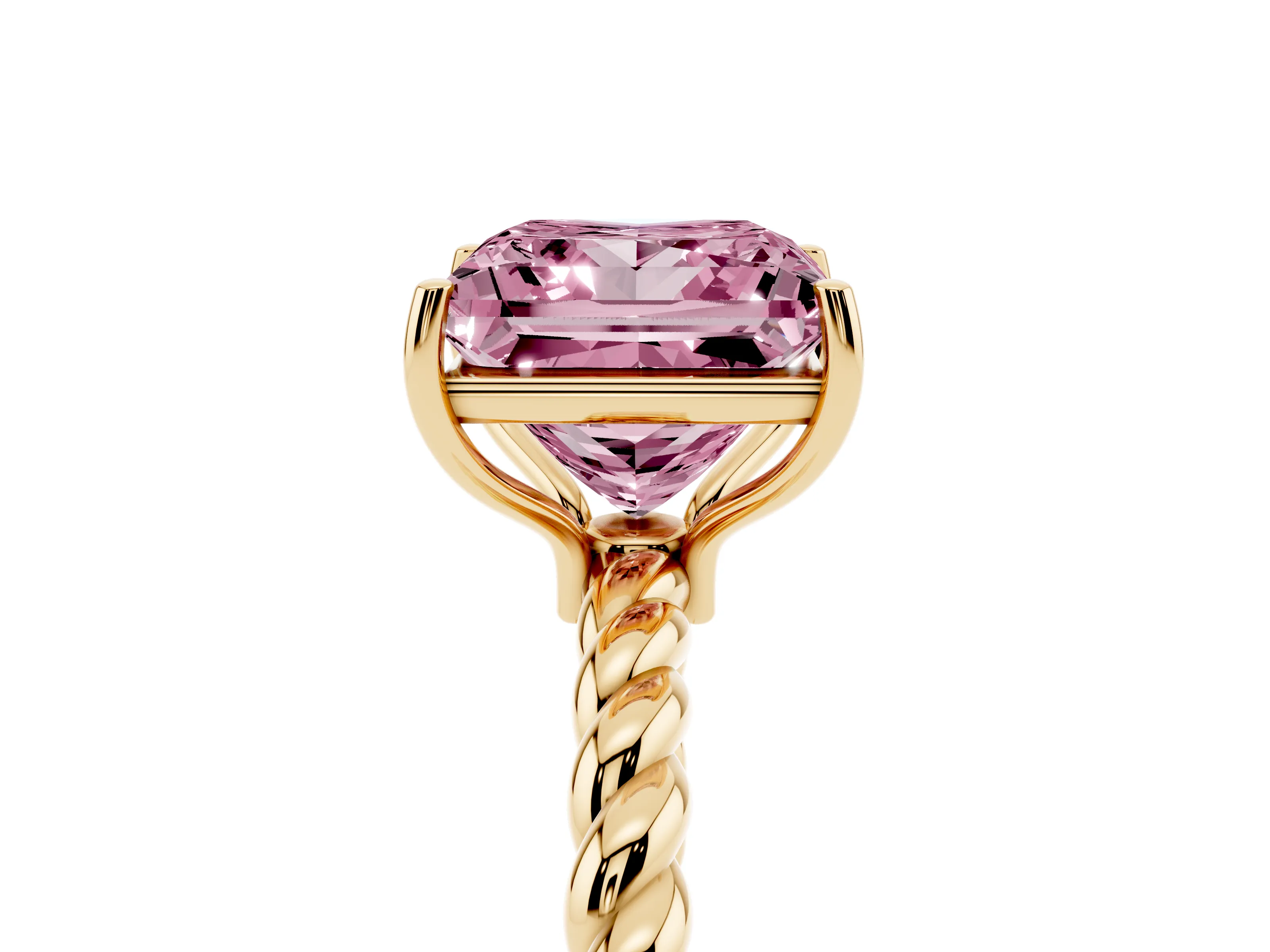 Fancy Pink Princess Cut Diamond Solitaire Ring Set in Yellow gold with Twist Band and Prong Setting