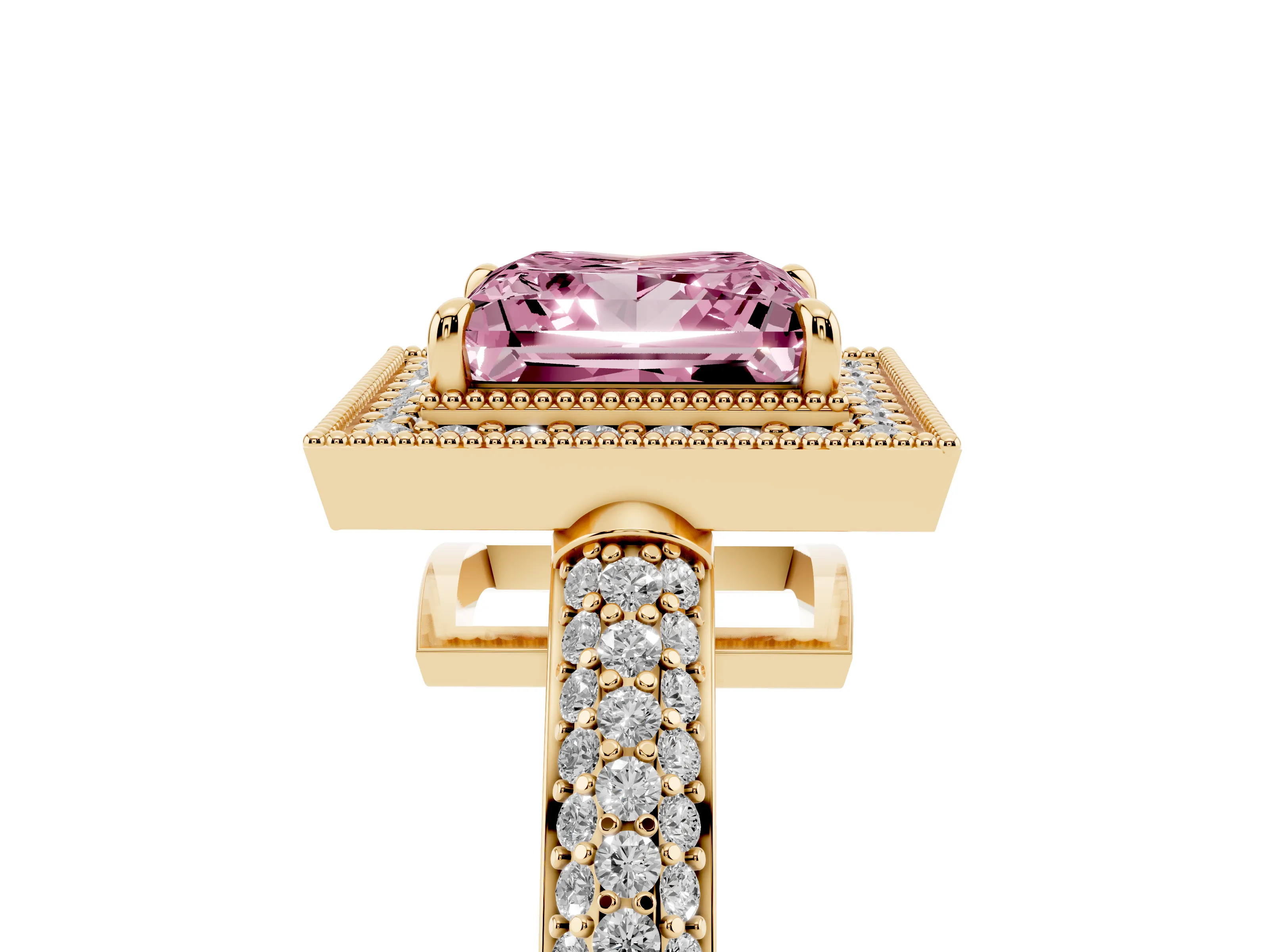 Fancy Pink Princess Cut Diamond Halo Pavé Band Set in Yellow gold with Prong Setting