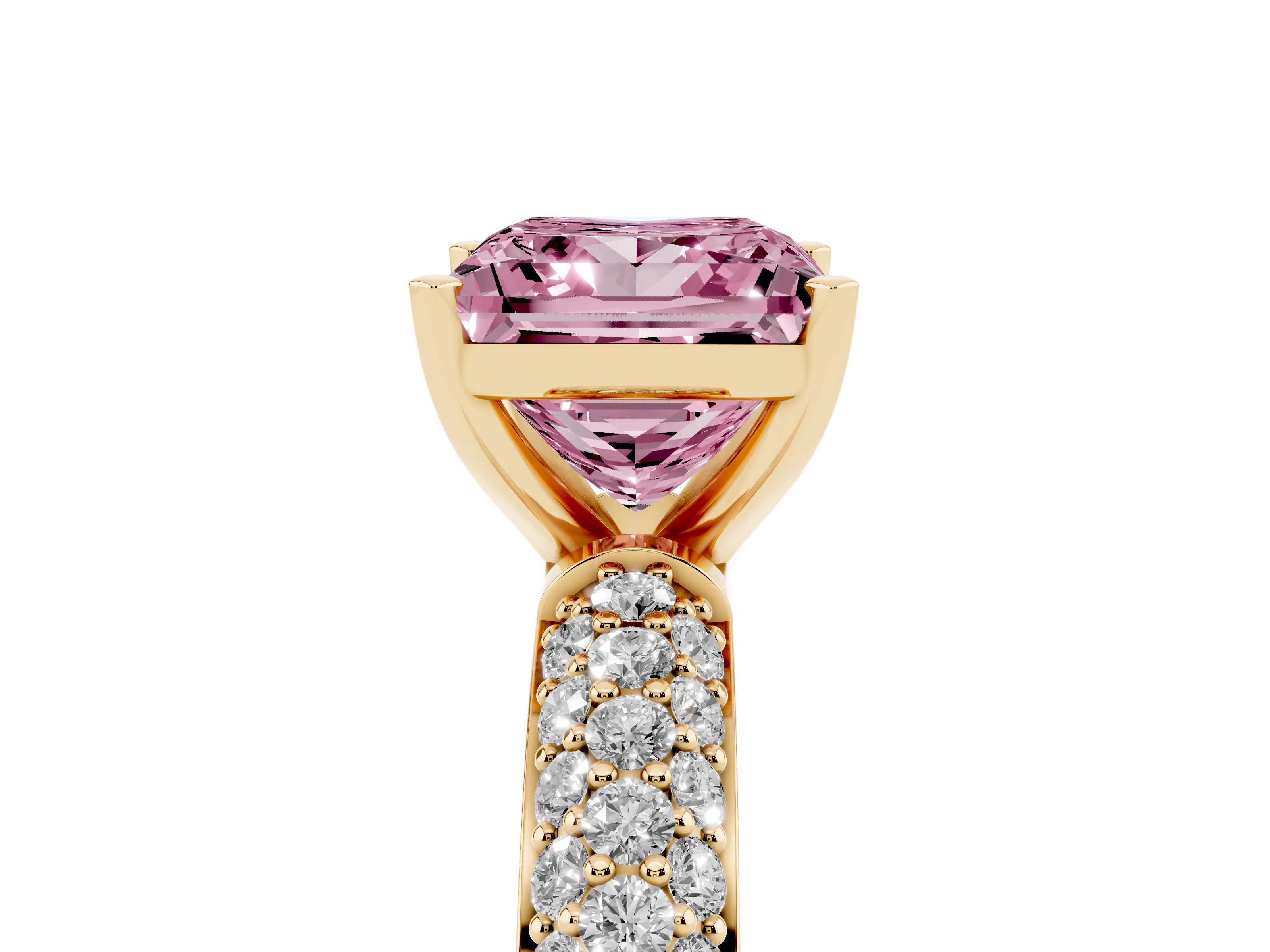 Fancy Pink Princess Cut Diamond Solitaire Ring Set in Yellow gold with Prong Setting and Pavé-Set Band