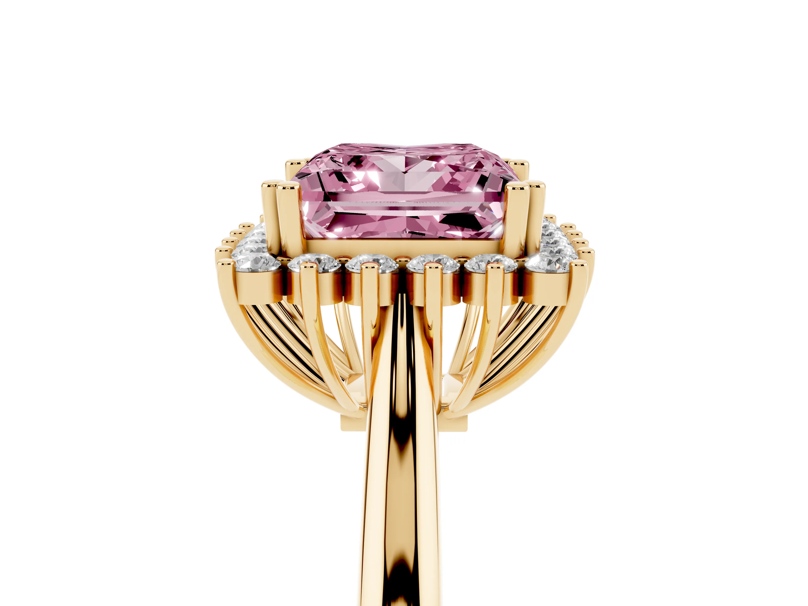 Fancy Pink Princess Cut Diamond Halo Ring Set in Yellow gold with Plain Solitaire Band and Prong Setting