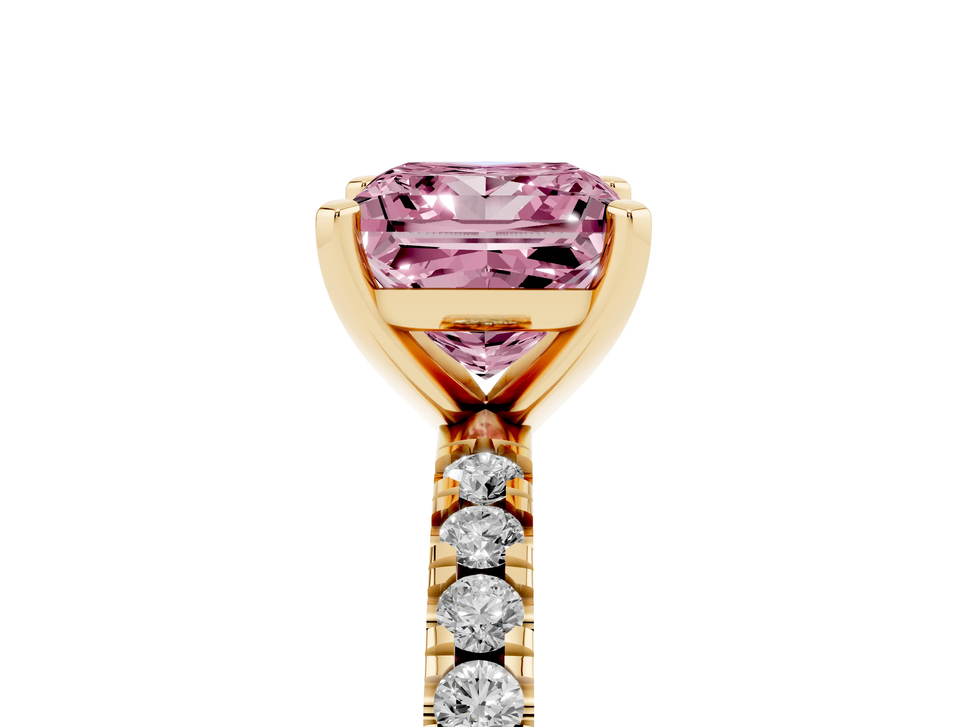 Fancy Pink Princess Cut Diamond Pavé Band Solitaire Set in Yellow gold with Prong Setting