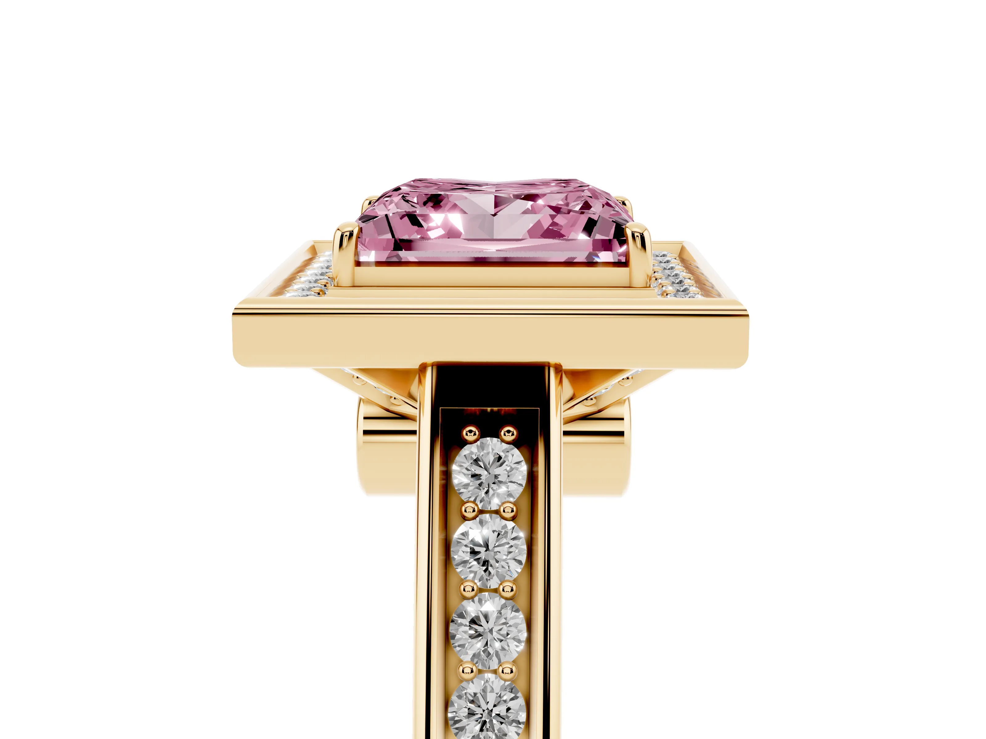 Fancy Pink Princess Cut Diamond Halo Solitaire Ring Set in Yellow gold with Pavé Band and Bezel Setting