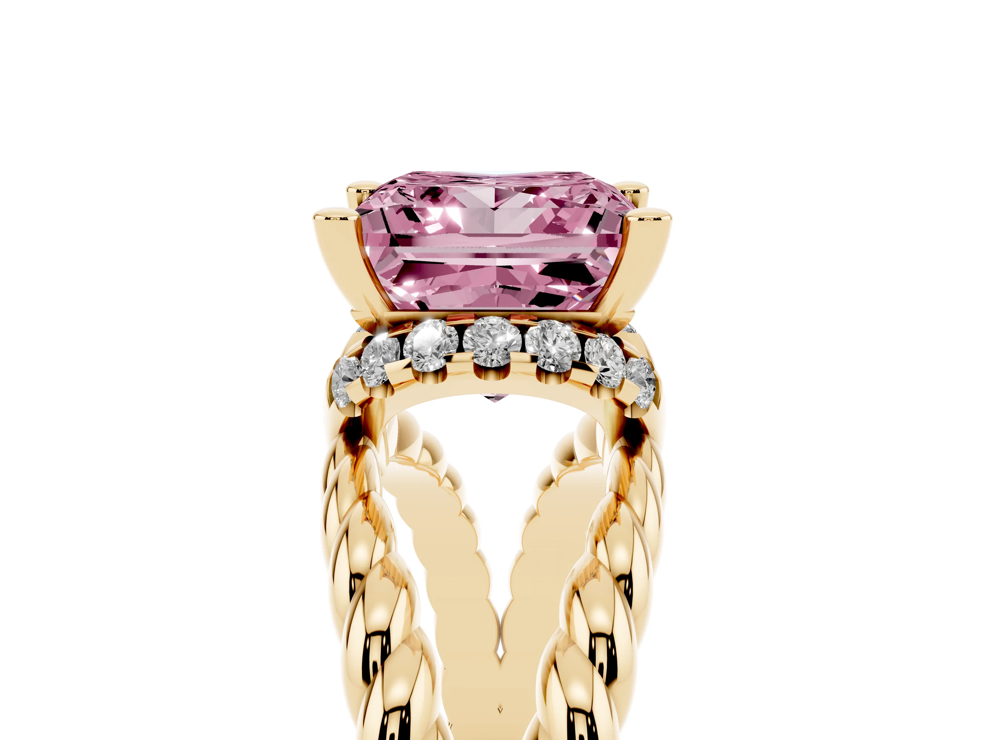 Fancy Pink Princess Cut Diamond Halo Ring Set in Yellow gold with Twisted Band and Prong Setting