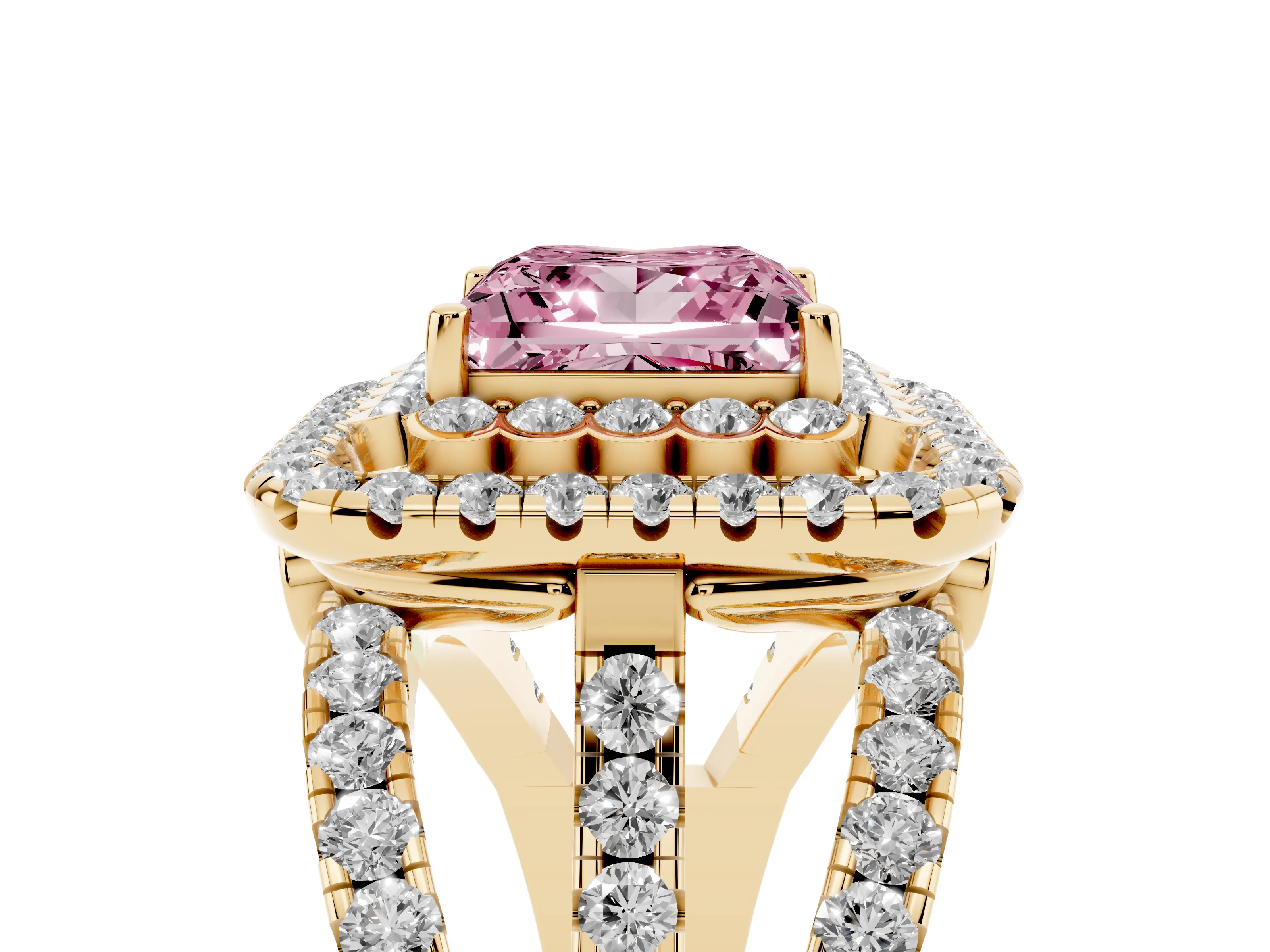 Fancy Pink Princess Cut Diamond Double Halo Ring Set in Yellow gold with Round Pavé Split Shank