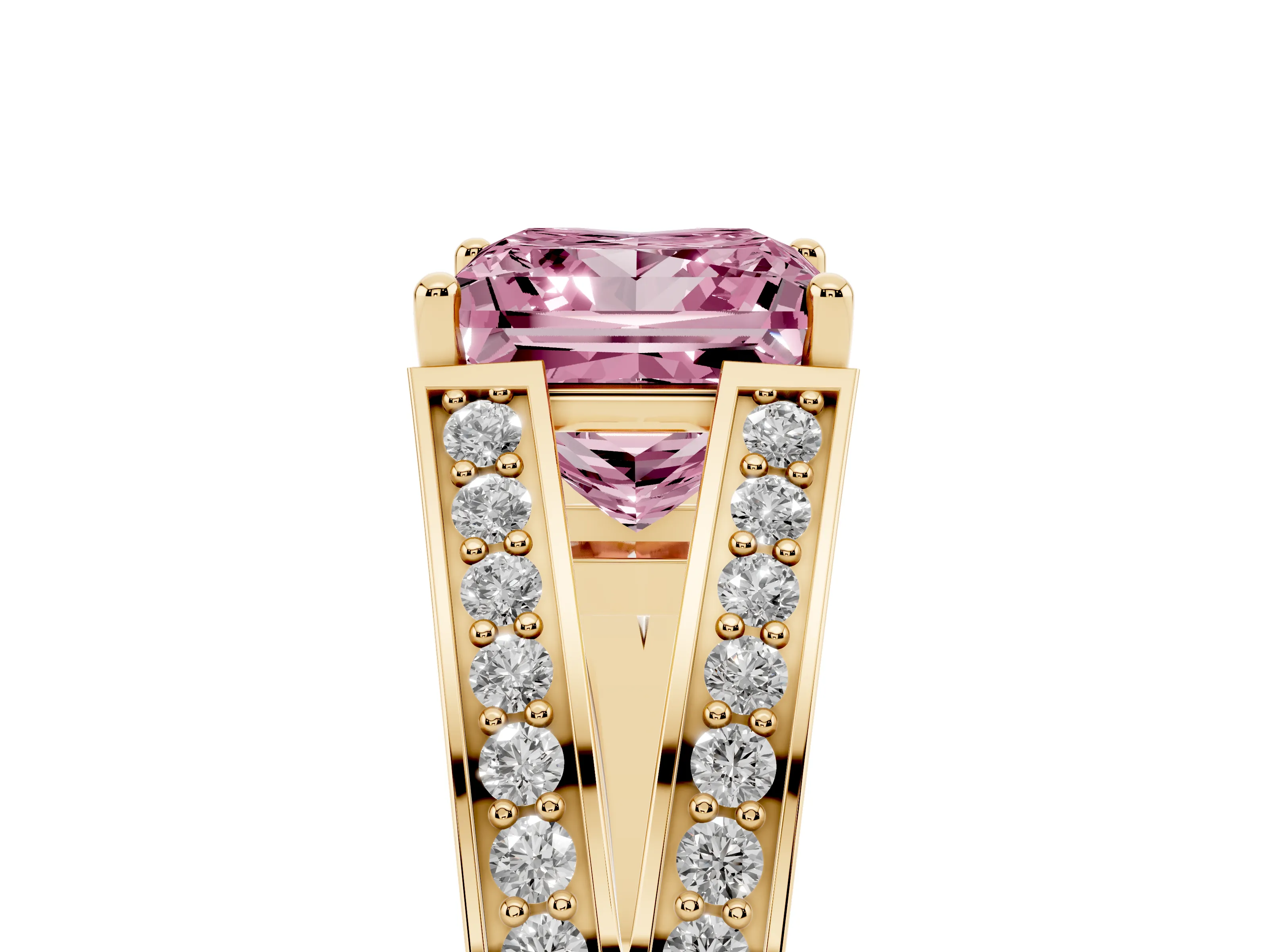Fancy Pink Princess Cut Diamond Split Shank Ring Set in Yellow gold with Pavé Band and Prong Setting