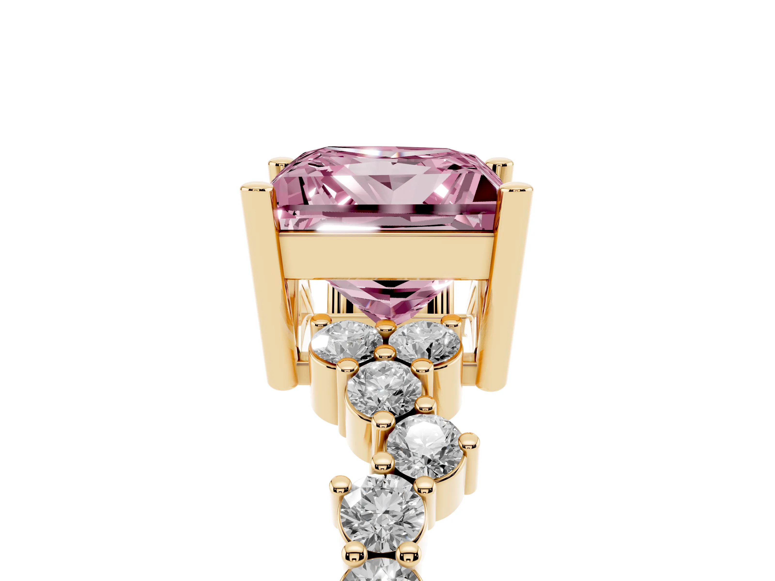 Fancy Pink Princess Cut Diamond Ring Set in Yellow gold with Scattered Round Accents
