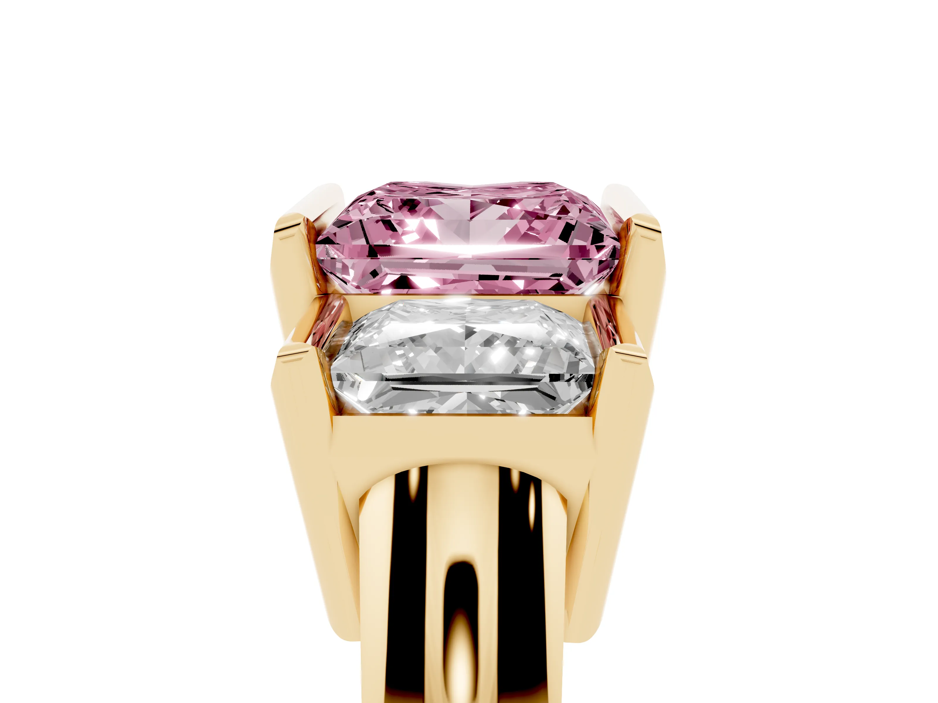 Fancy Pink Princess Cut Diamond Three-Stone Channel Set Ring Set in Yellow gold with Smooth Polished Band