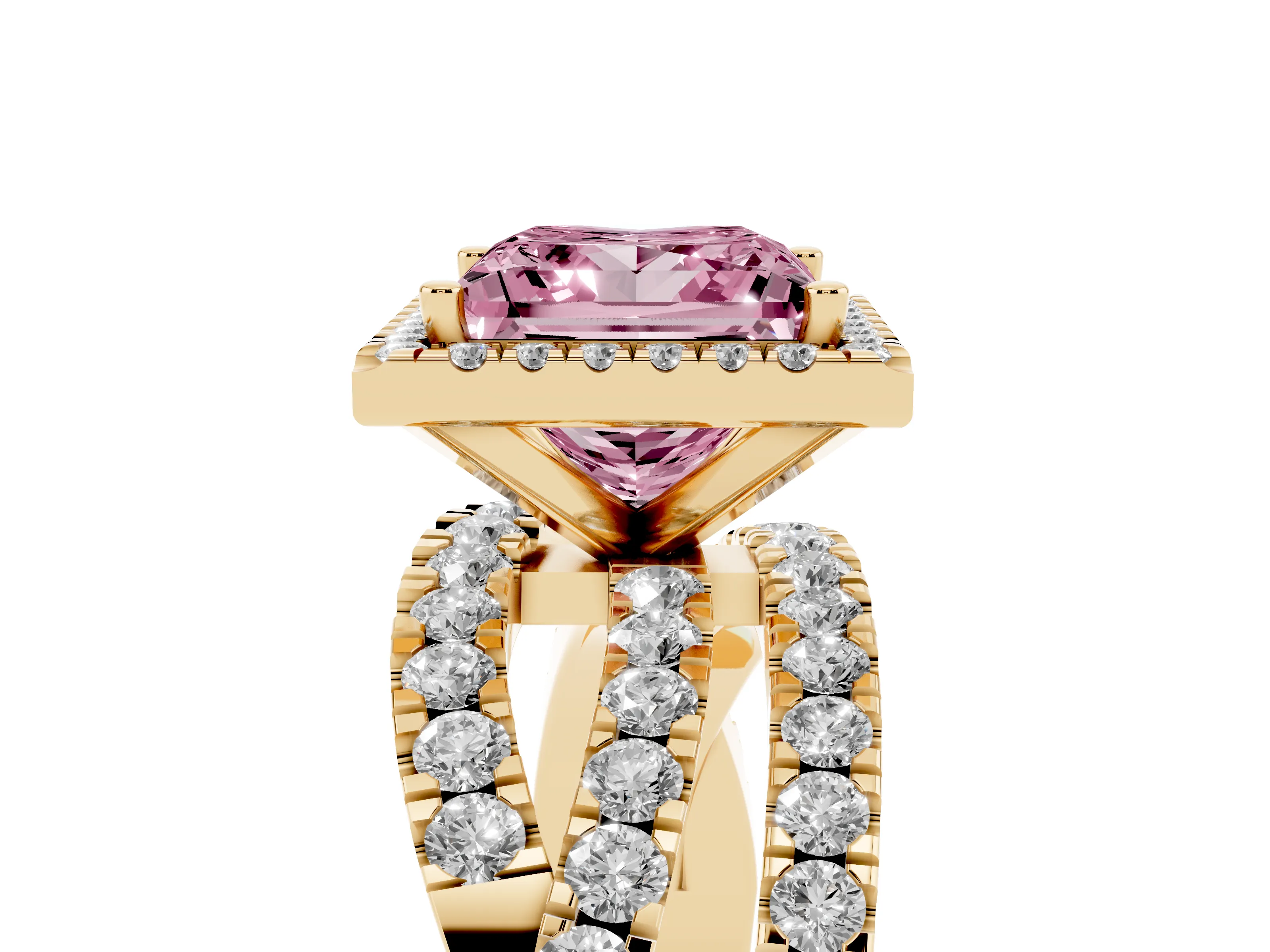 Fancy Pink Princess Cut Diamond Halo Ring Set in Yellow gold with Round Crossover Split Shank and Prong Setting