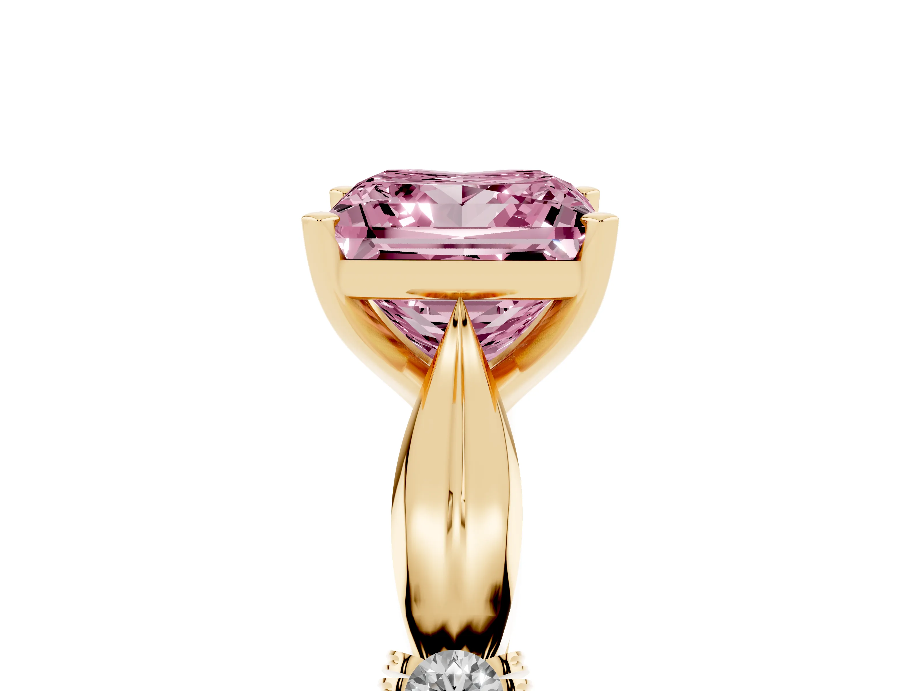 Fancy Pink Princess Cut Diamond Solitaire Twisted Band Ring Set in Yellow gold with Accent Stones and Prong Setting