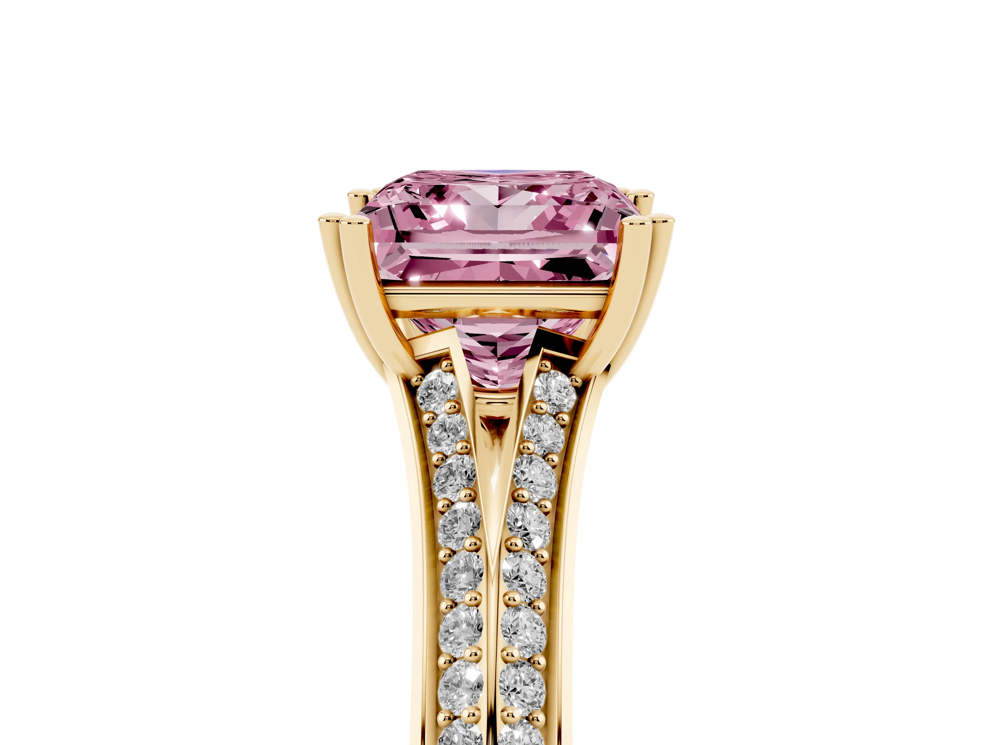 Fancy Pink Princess Cut Diamond Split Shank Pavé Engagement Ring Set in Yellow gold with Prong-Set Center Stone