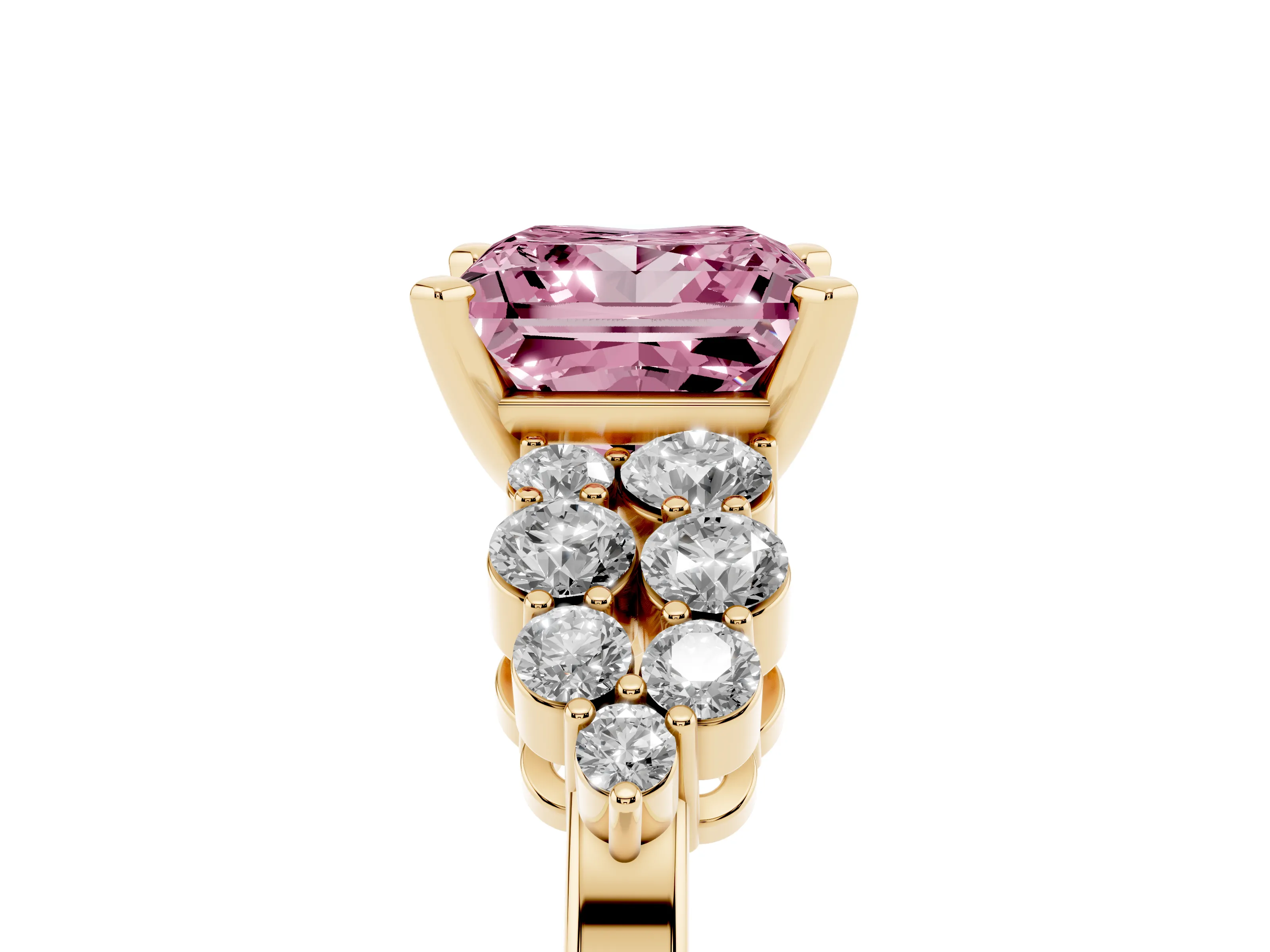Fancy Pink Princess Cut Diamond Cluster Engagement Ring Set in Yellow gold with Pavé Band and Prong Setting